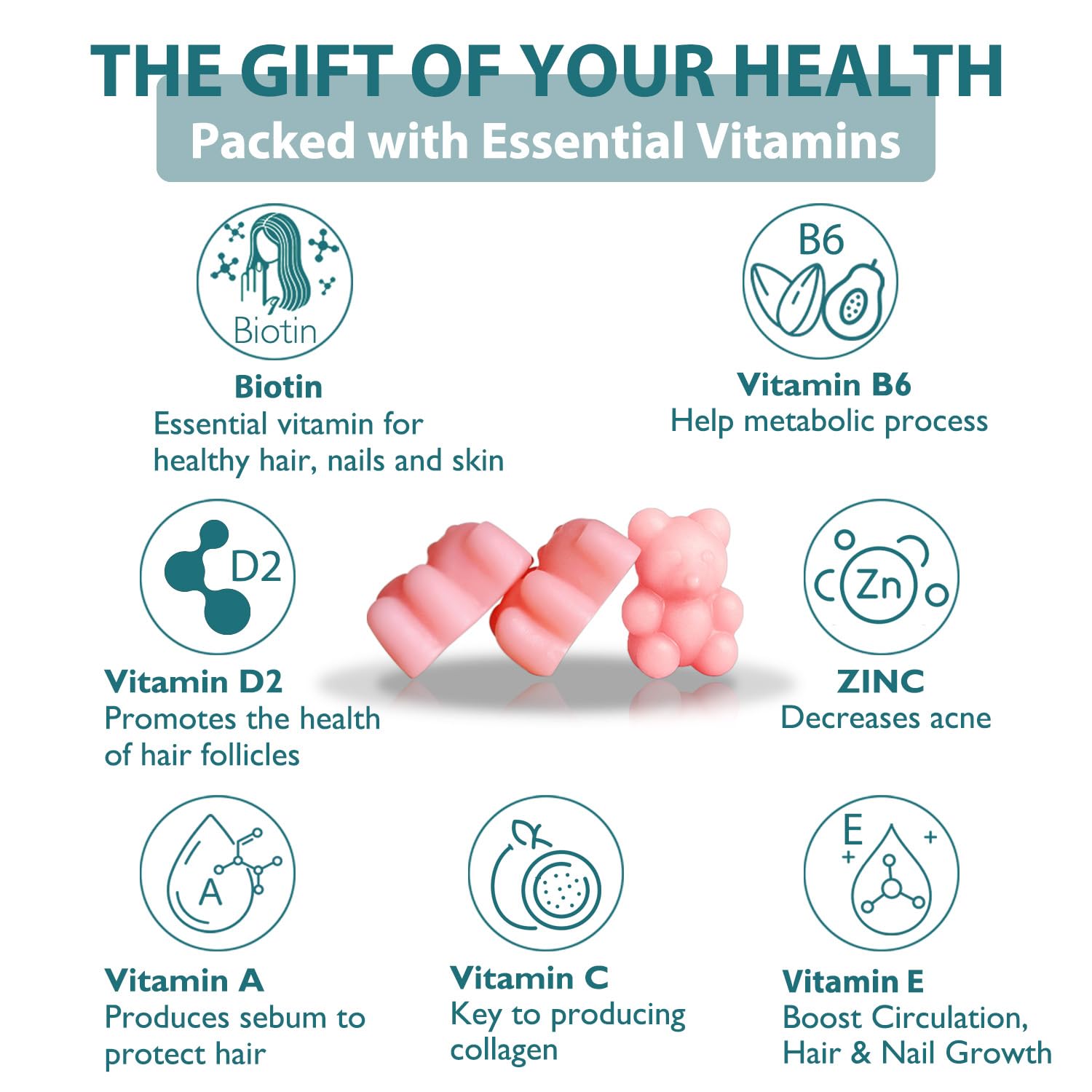 Hair Skin and Nails Gummies, Biotin Vitamins for Women & Men, 60 Ct — Amazon image 3