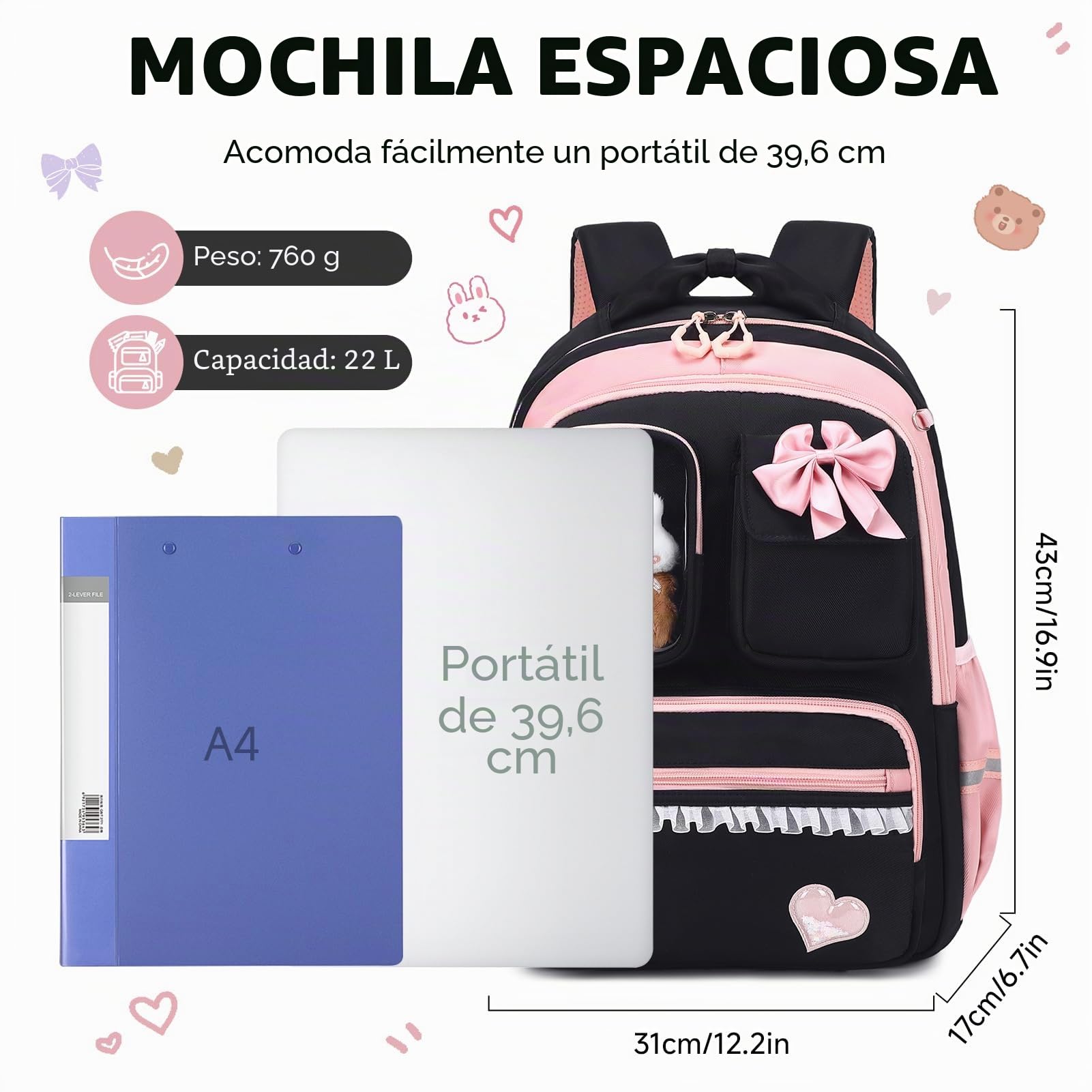 Amythe Mochila Escolar Niña, Mochilas Escolares Primaria Transpirable