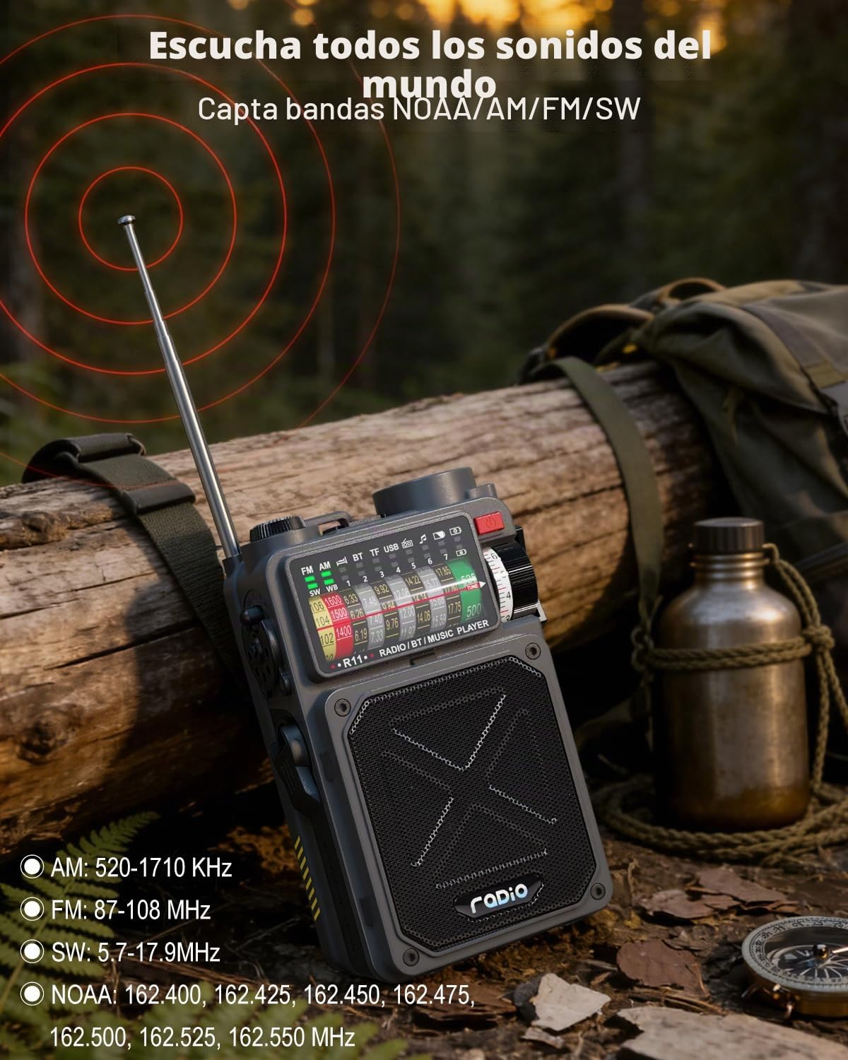 Emgykit R11 - Radio portátil de onda corta - 4000 mAh/14800 mWh NOAA/SW/AM/FM, solar/manivela de mano/carga USB, receptor Bluetooth/reproducción USB/TF, con brújula, linterna, SOS para camping y