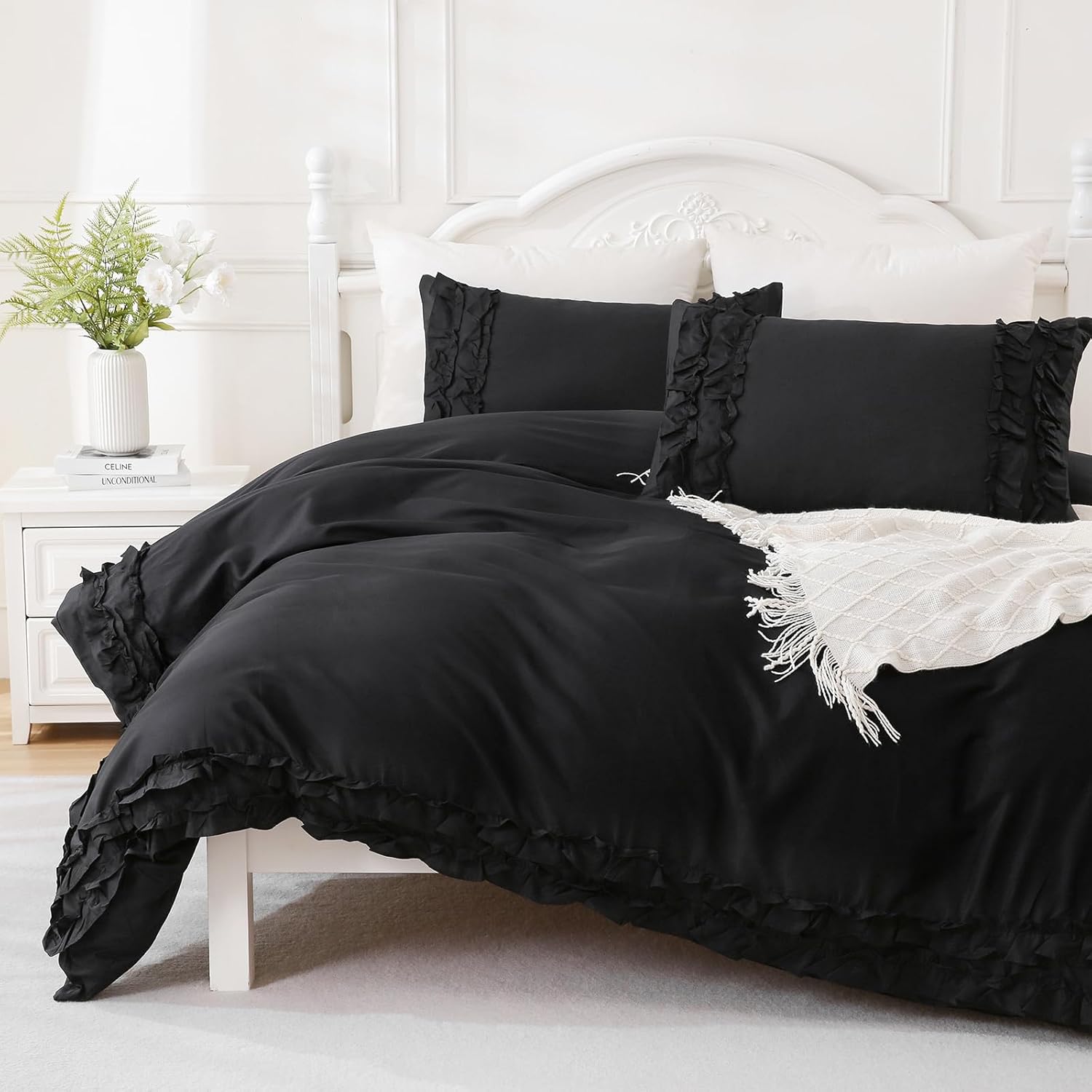 Merryword 100% Cotton Ruffled Duvet Cover Set Queen, Black Shabby Chic Farmhouse Bedding Set French Country Cute Comforter Cover