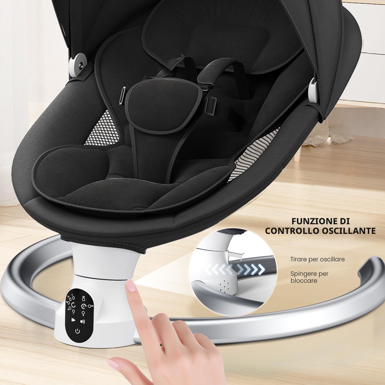 Sdraietta Neonati Elettrica - App e Telecomando Dondolo Bambina Elettrico con 3 timer, 5 Velocità di Altalena, 10 Musiche, Sdraietta Neonati Bluetooth Imbottita Morbida Baby (APP Nero)