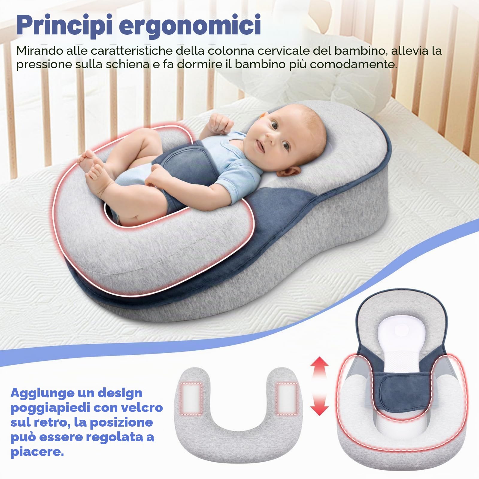 Cuscino per Neonati per reflusso e digestione - Inclinazione 15°, Cinghie di Sicurezza, Supporto ergonomico, Cuscino per L'Allattamento, Grande 25,6" x15,7 x11,8