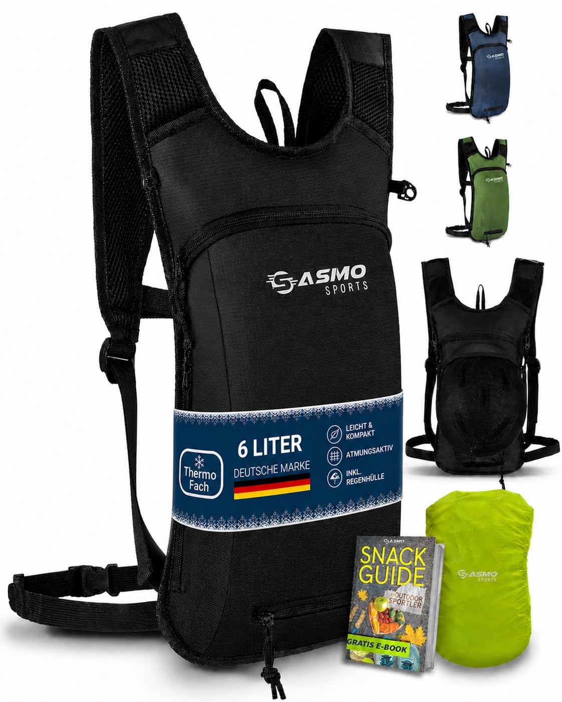 SASMO® Fahrradrucksack & Skirucksack 6L / 8L / 10+3L / 14+3L / 20L mit Thermofach, Helmnetz & Regenschutz | Ultraleicht - MTB Rucksack Herren & Damen | Kleiner Fahrradrucksack Herren & Damen