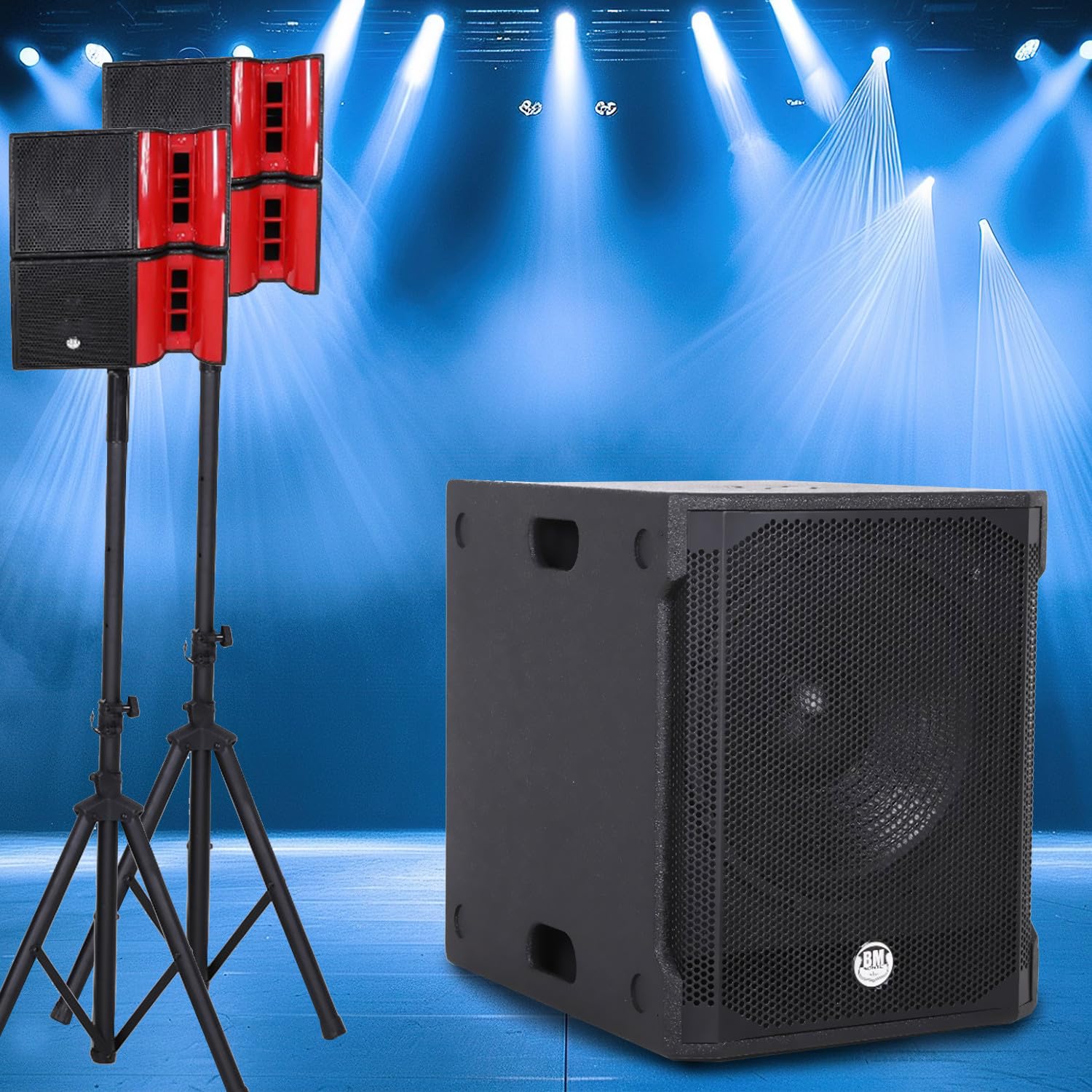 Pack Sonorisation DJ Complet BM Bmsonic BMS15-HORN 1200W, Enceintes Satellites, Caisson 38cm USB/Bluetooth, Supports Câbles