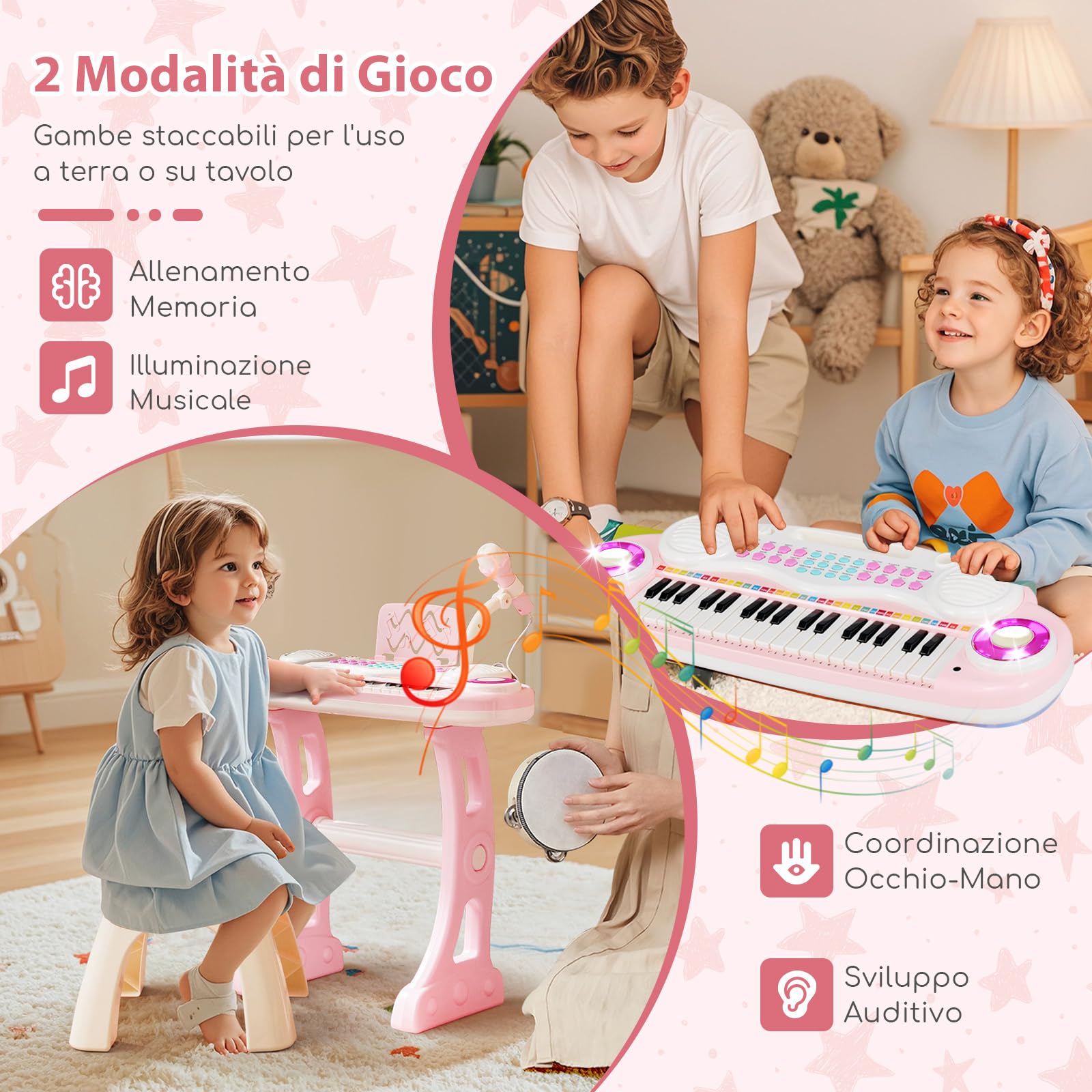 RELAX4LIFE Pianoforte per Bambini con 37 Tasti, Tastiera Elettronica con Microfono e Sgabello, Funzioni di Record e Playback, Pianoforte Giocattolo Regalo per Ragazza/Ragazzo (Rosa)