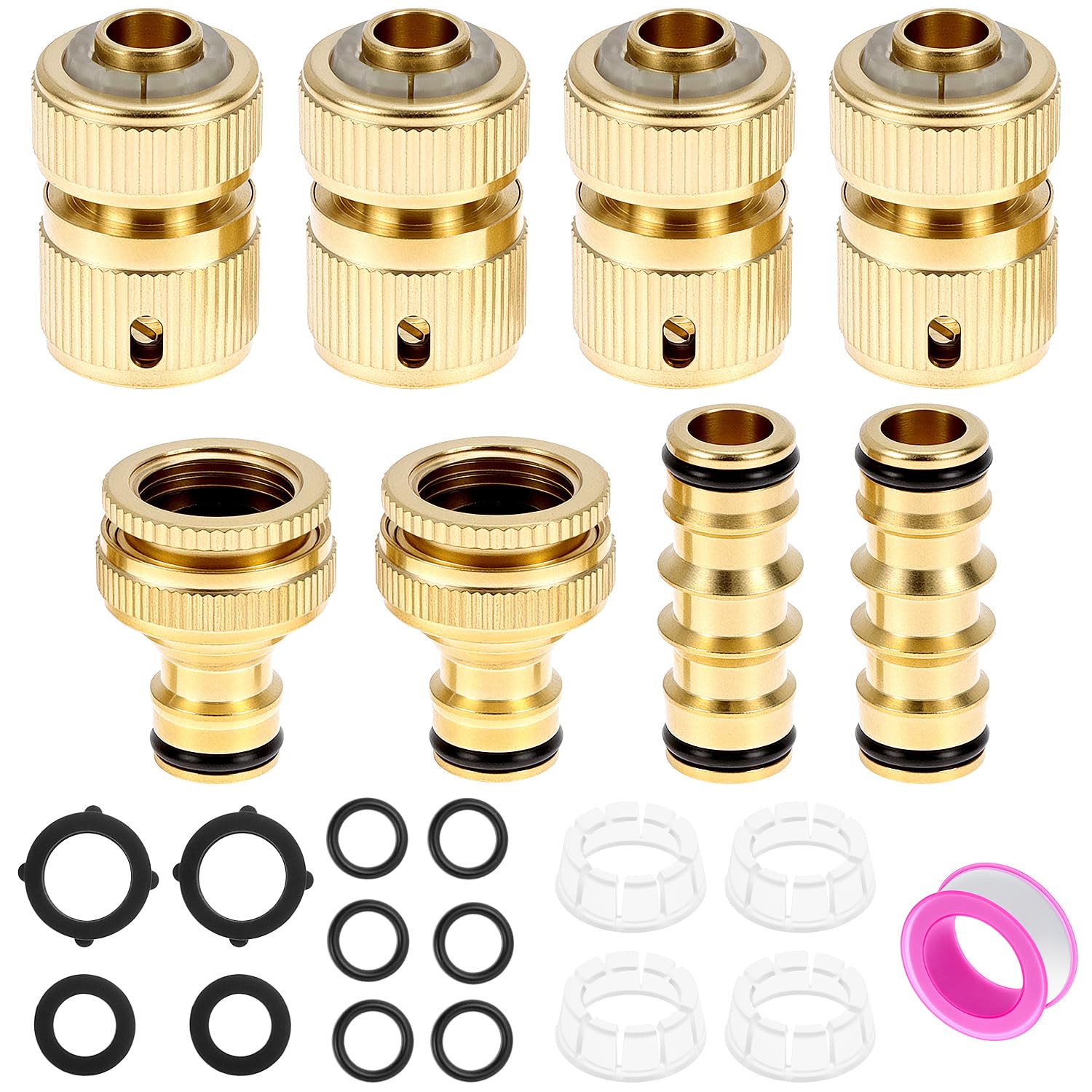 QWORKยฎ 8PCS Brass Garden Hose Tap Quick Connector Set, Includes 1/2" and 3/4" Fittings,Quick Connect, Double Male Connectors, and Accessories