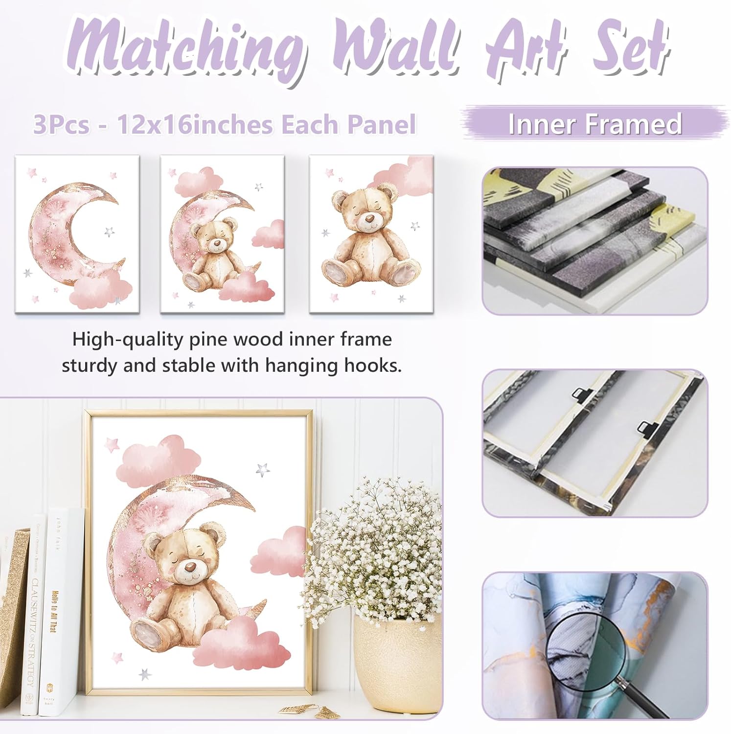 Personalized Baby Crib Bedding Set, 5 Pcs Custom Name Nursery Bedding Set for Girls Boys, Pink Bear Baby Crib Set for Toddlers Infants, Double Layer Bedding Crib Sets Customized Gifts