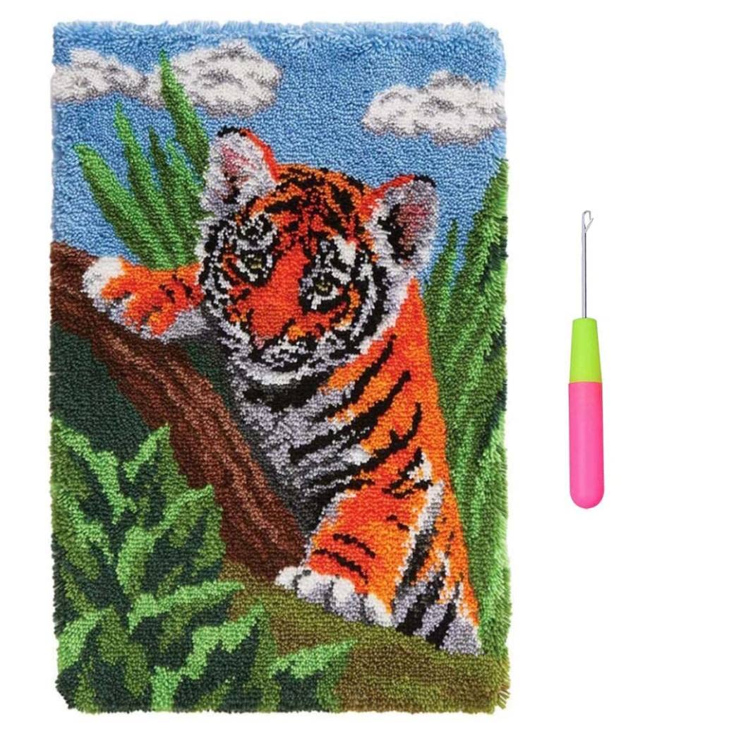 GUARDUU Latch Hook Rug Kit with Color Printed Canvas, Tapestry Cross Stitch Embroidery Kits with Pre-Cut Yarns, Unfinished Sewing Making Kits for Home Doormat, 85X63cm/ 33.5"X24.8" Tiger