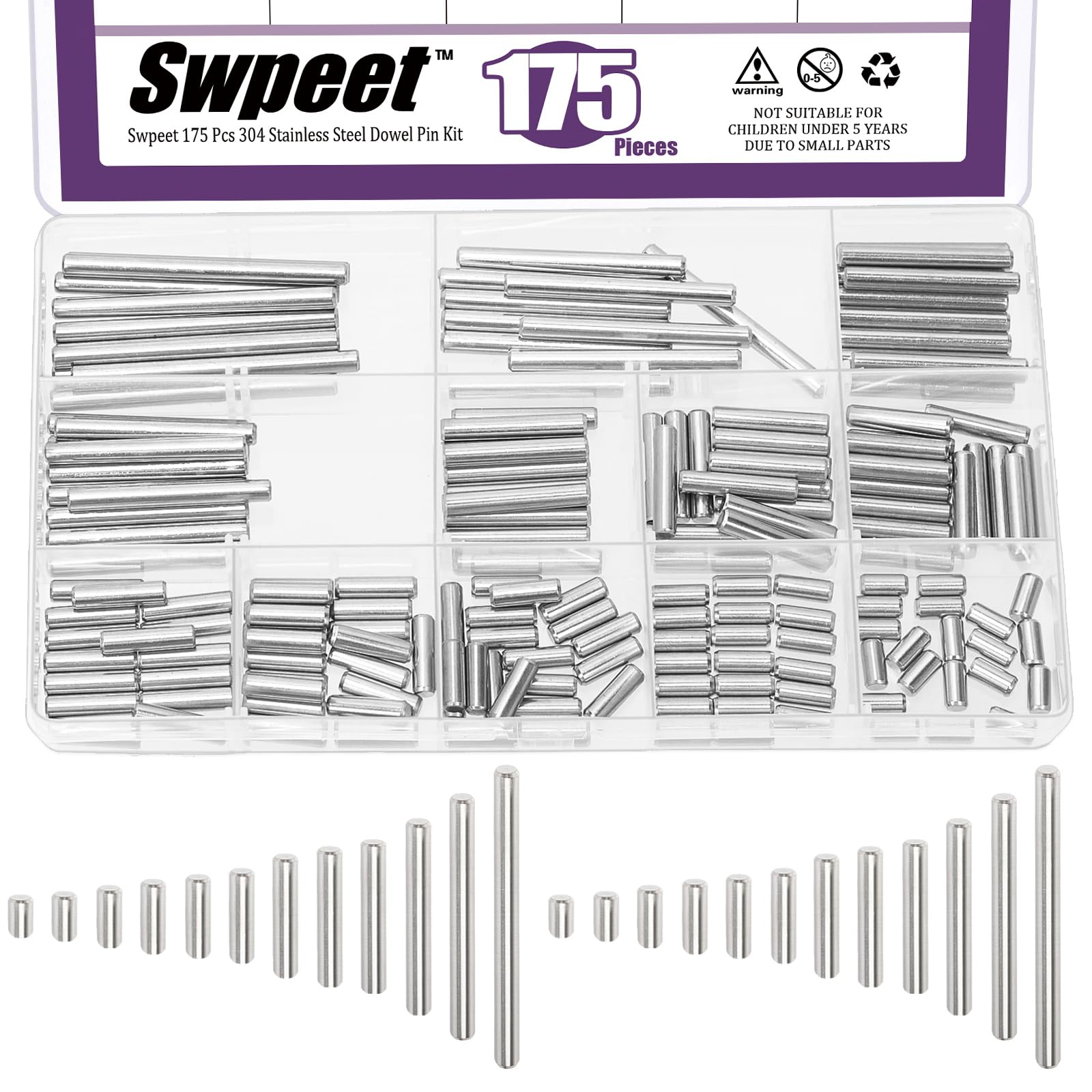 Swpeet 175Pcs 12Sizes M4 304 Stainless Steel Dowel Pin Assortment Kit, Cylindrical Shelf Support Peg Pin Rod Fasten Elements for Maintenance and Connection (with A Storage Box )