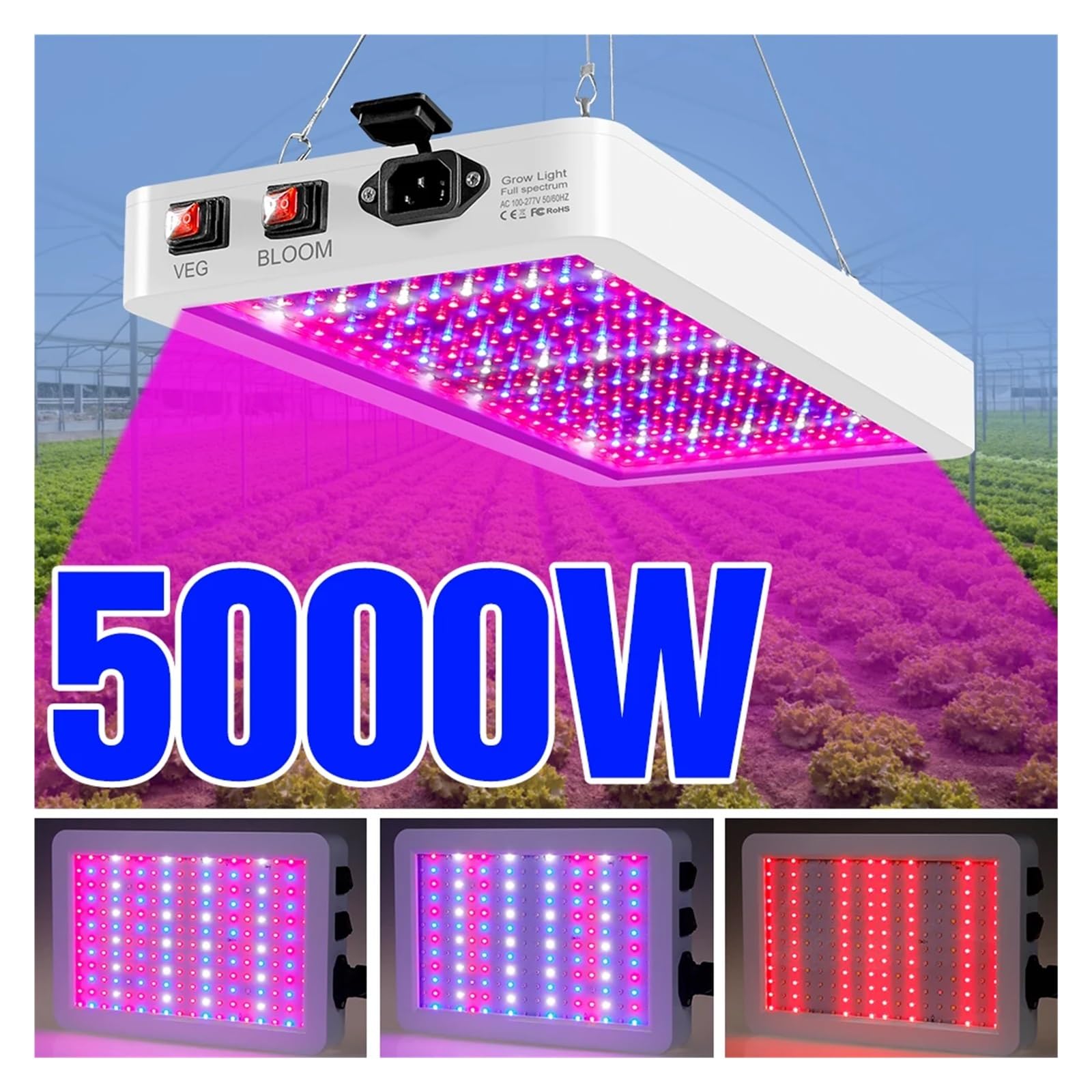 Luz de cultivo LED, Lámpara de espectro completo de luz de cultivo de 4000W for plantas, lámpara UV de invernadero Phyto Light de 5000W, plantas, semillas, Fitolamp LED vetal Para plantas de interior