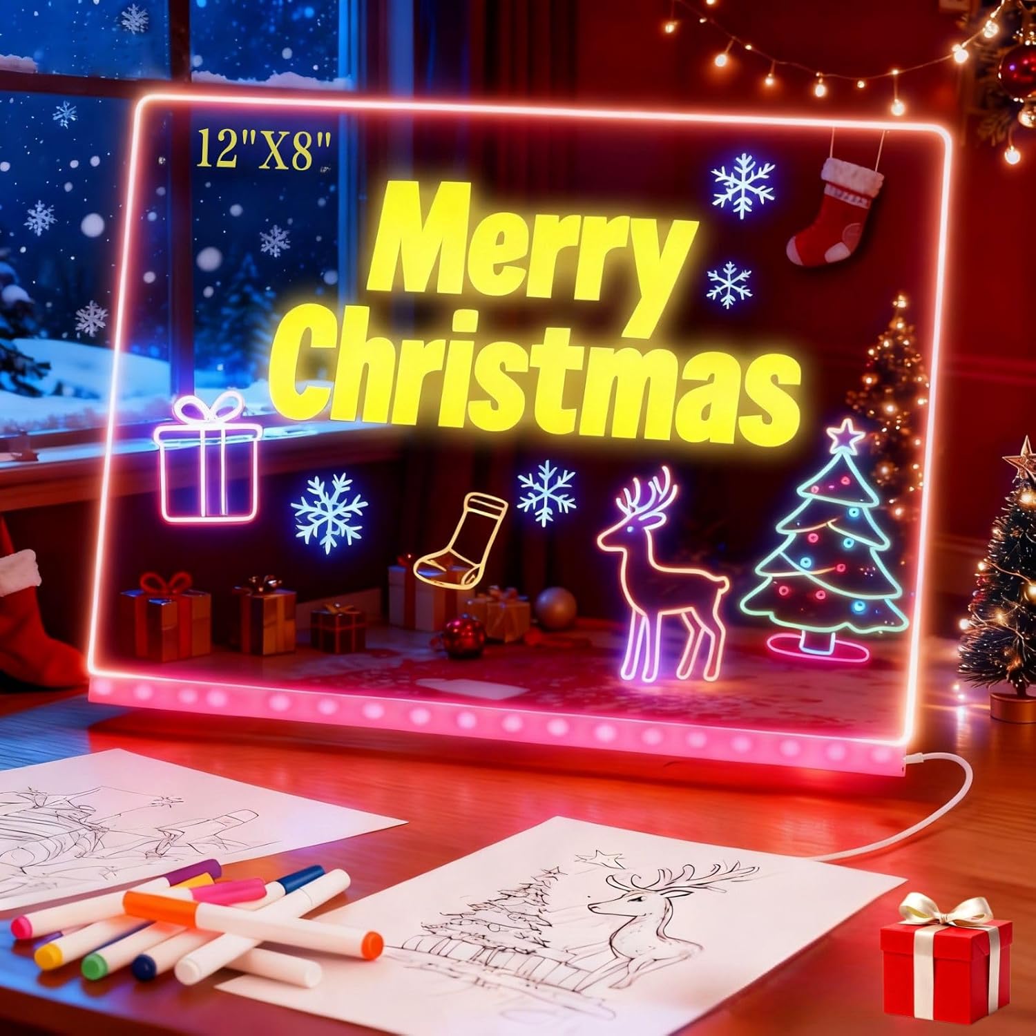 Lumiboard Led Drawing Board, 11.8"X7.9" Acrylic Dry Erase Board with Light, Light Up Message Board with Stand, 7 Markers and Soft Cloth, for Home Office Kitchen Christmas Decor Large