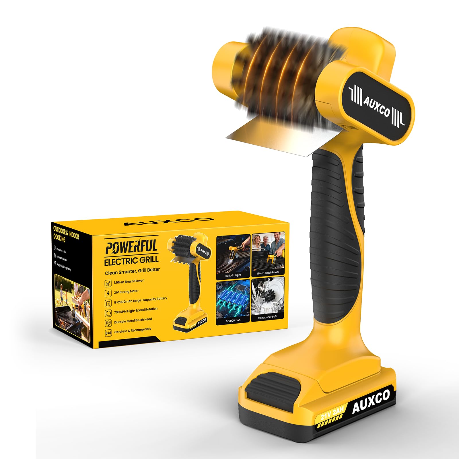 Spazzola elettrica per griglia – Spazzola per griglia per esterni con rullo in acciaio inox da 700 giri/min, senza setole, durata 90 minuti, luce LED, strumento di pulizia per griglia ricaricabile da