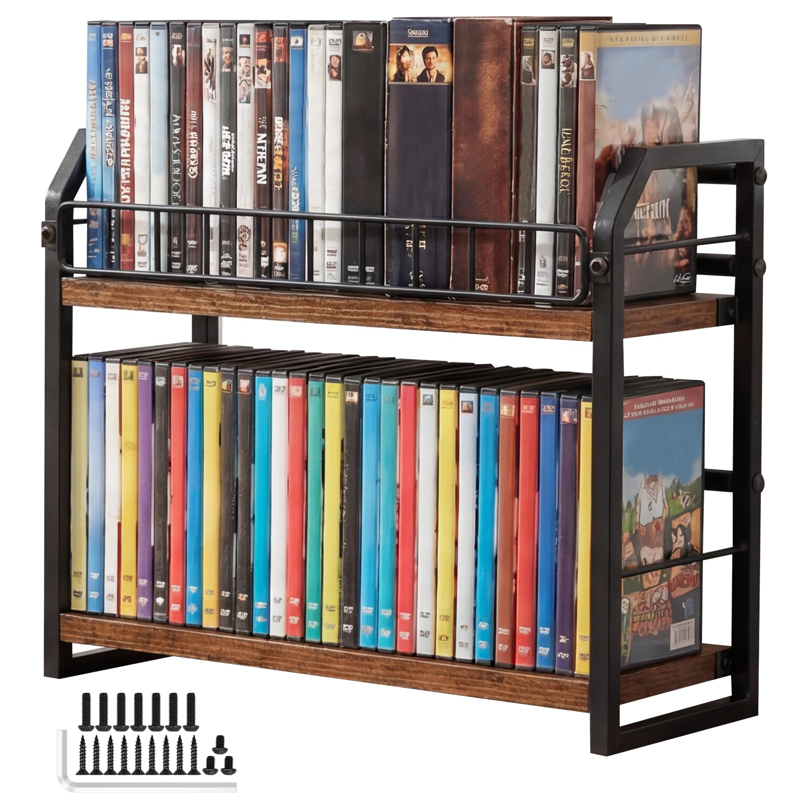 Qinglang Vintage Color 2 Tier Cd Holder Vinyl Record Holder Desktop Cd Storage Shelf With Display Top Holds Up To 55 Dvds Space-Saving Desktop Organiser For Music Enthusiasts And Collection