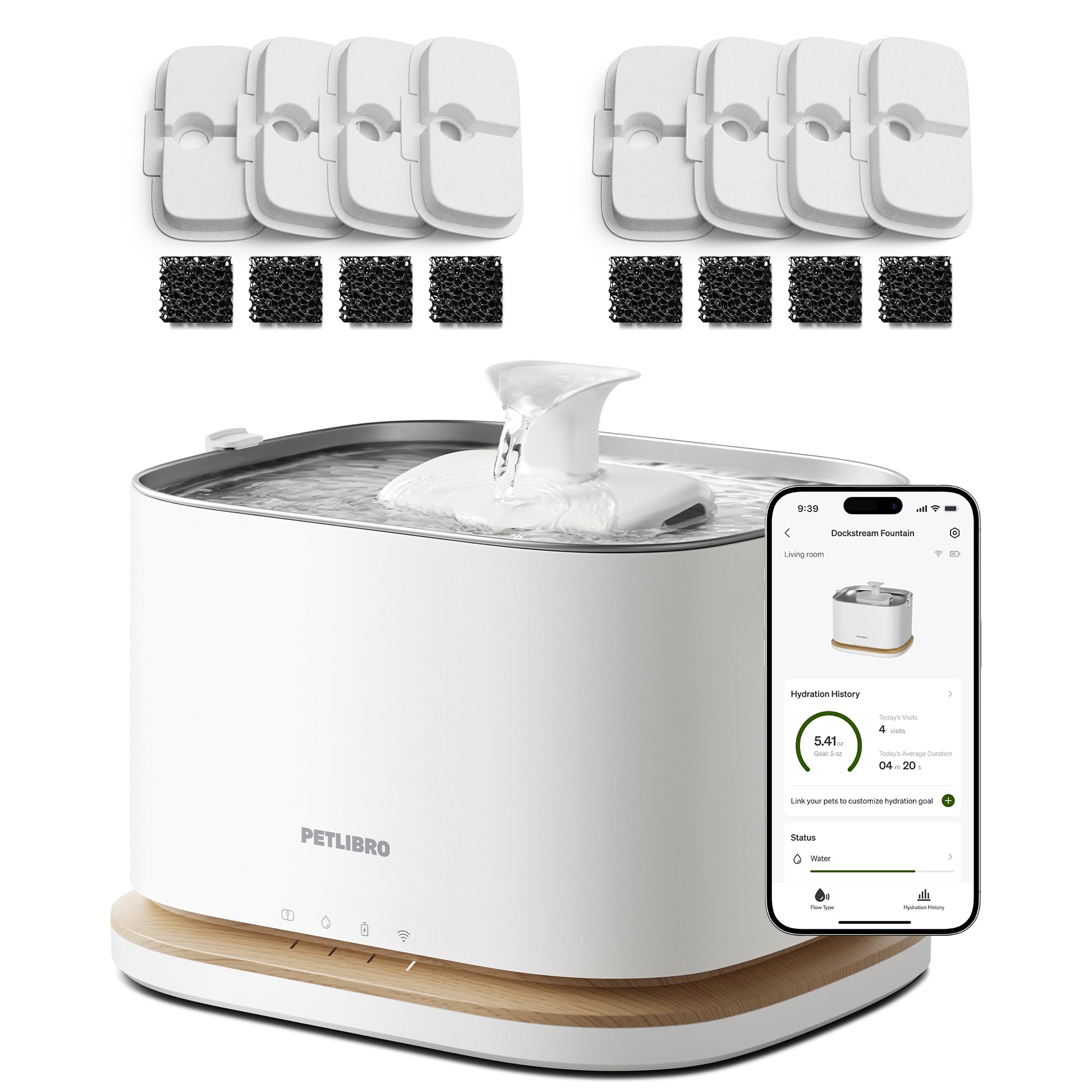PETLIBRO Upgrade Cordless Cat Water Fountain + 8 Packs Genuine Cat Fountain Filter Replacement, App Monitoring 3L/101oz Dockstream 2 Pet Water Fountain with Stainless Steel Tray, 4-Month Set Easy-Swap
