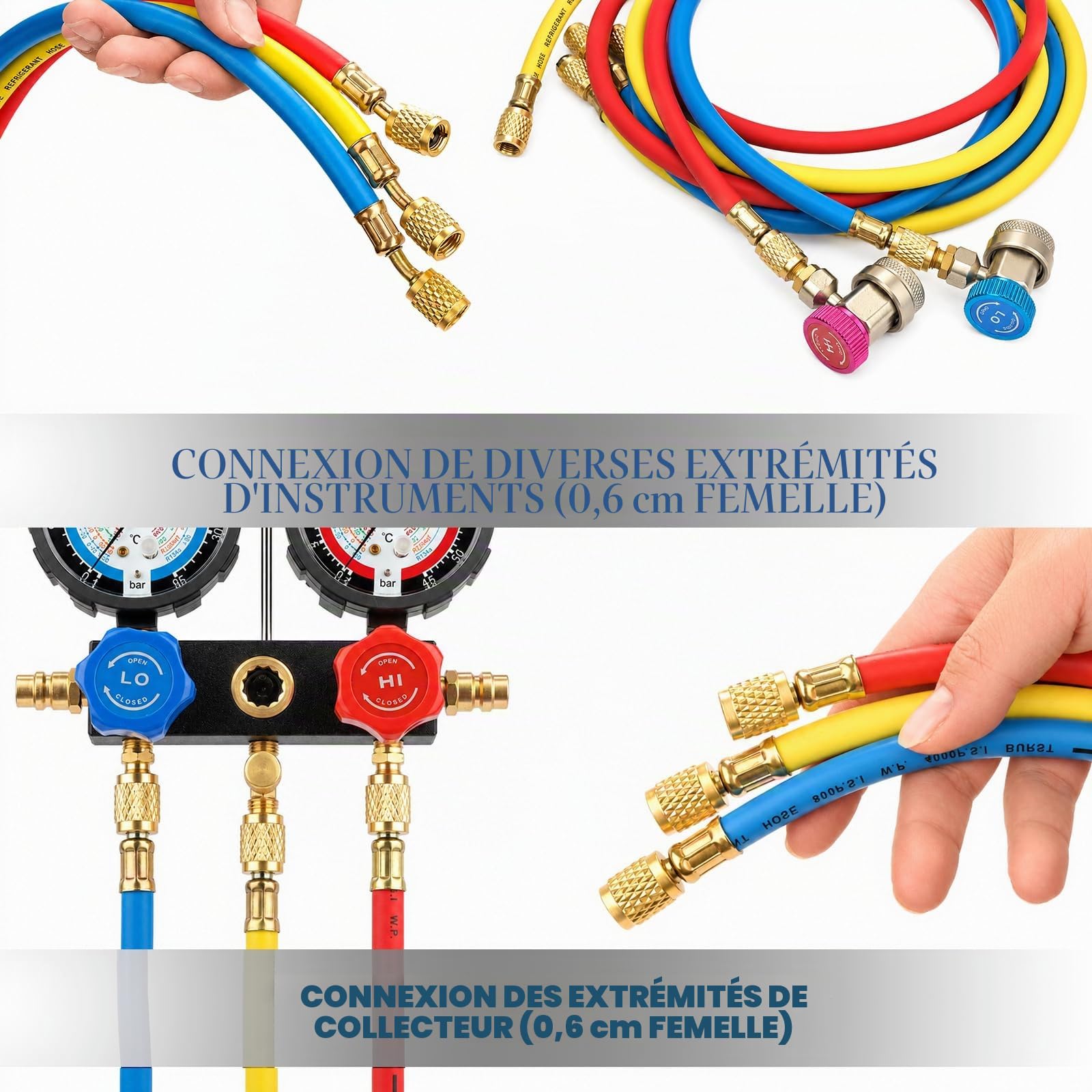 BACOENG Kit Manomètre Collecteur, Compatible R1234YF R32 R134A R410A, Kit Professionnel Climatisation Voiture et Maison avec 3 Tuyaux 1,5m et Adaptateurs