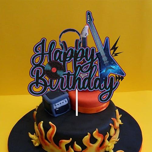 Miniatura 4 de Decoración de guitarra eléctrica para pastel de cumpleaños negro y morado con purpurina de rock and roll, notas musicales musicales, tema de