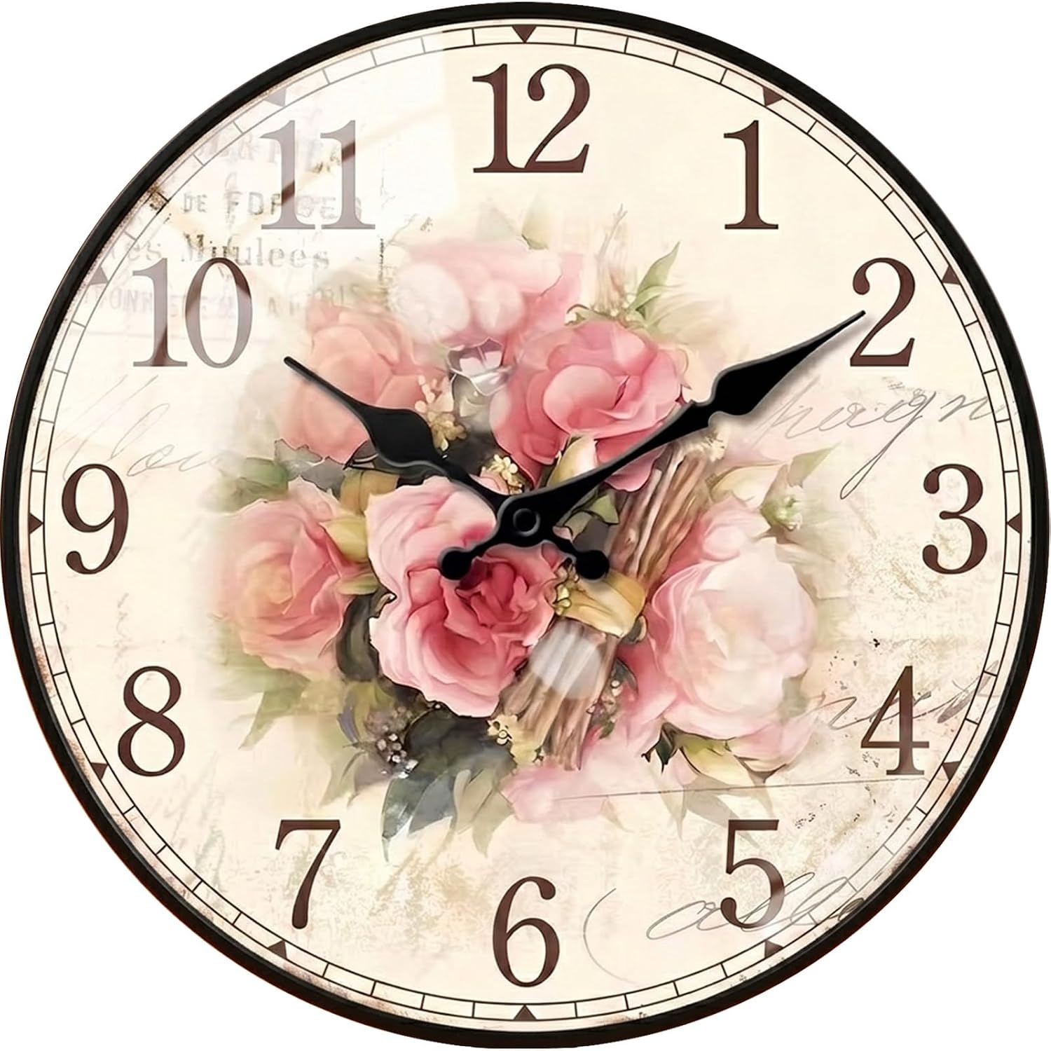 12in Wooden Floral Wall Clock Battery Operated Silent Home Decor