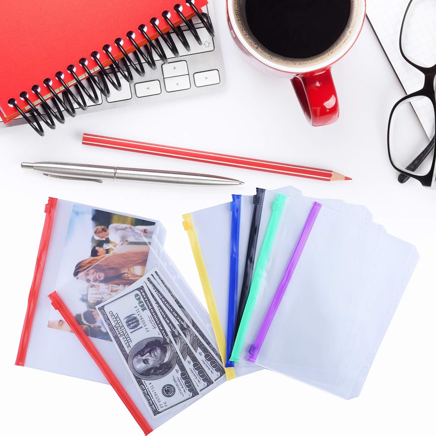 Antner 12PCS Binder Pockets A5 Size 6 Holes Zipper Binder Pouch Folders for 6-Ring Notebook Binder Loose Leaf Bags, Waterproof PVC Pouch Document Filing Bags, Multicolor : Office Products