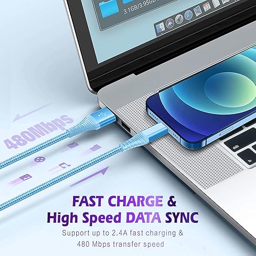 Miniatura 3 de Certificado MFi de Apple Cargador de iPhone, paquete de 3 cables Lightning USB de 10 pies, cable de carga rápida de nailon trenzado para iPhone