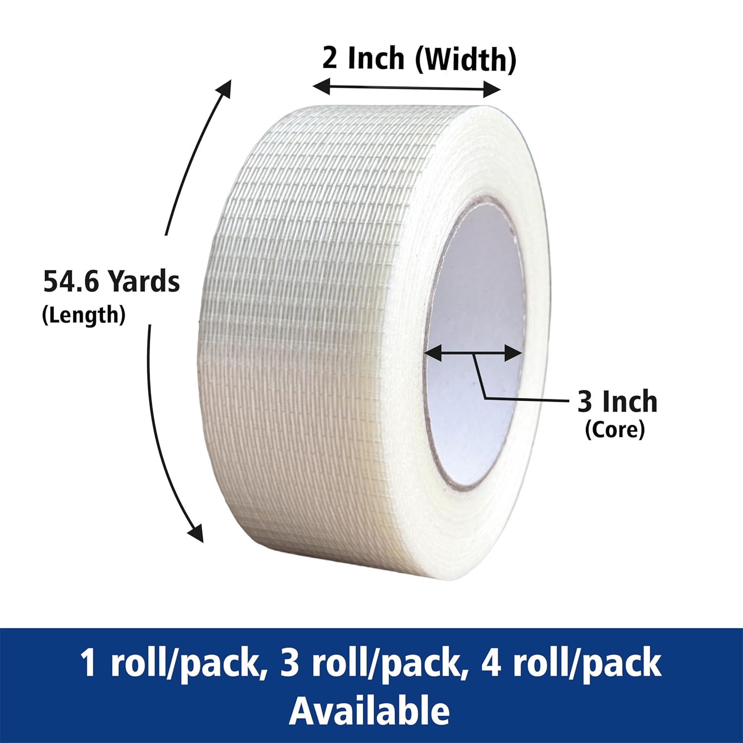 Filament Tape Bi-Directional Cross Weave, Fiberglass Reinforced Strapping Tape, Heavy Duty Industrial Packing & Palletizing, Strong Adhesive Shipping Tape 2" x 60 Yards - 4 Rolls