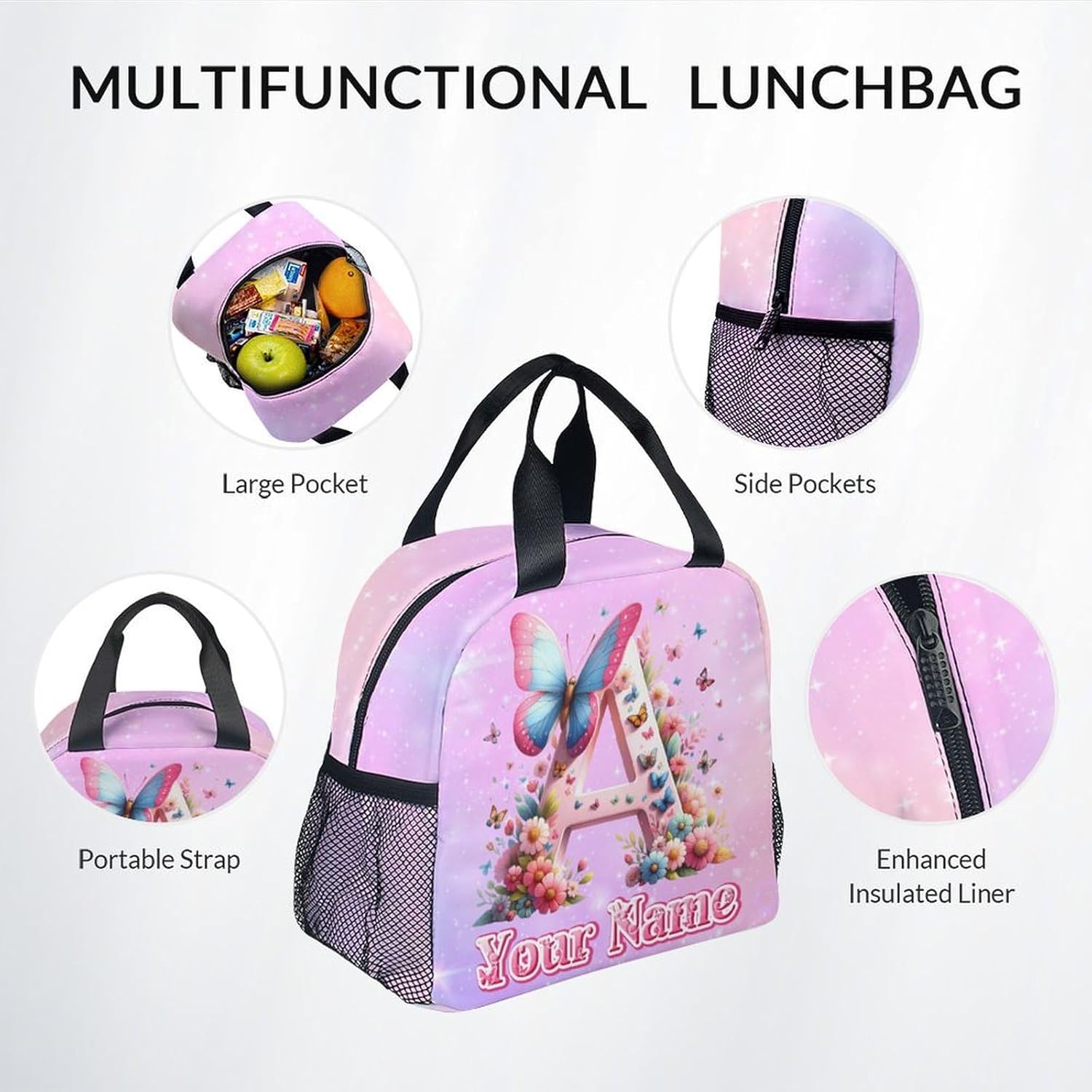 Backpack with Lunch Box for Girls, Personalized Butterfly Backpacks for Women Teens, 17 Inch Cute Kids Bookbag with Pencil Case, Custom Initial Name Bookbags for School