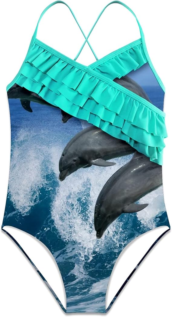 Girls One Piece Swimsuits Dolphins Dance On Sea Ruffle Beach Swimwear