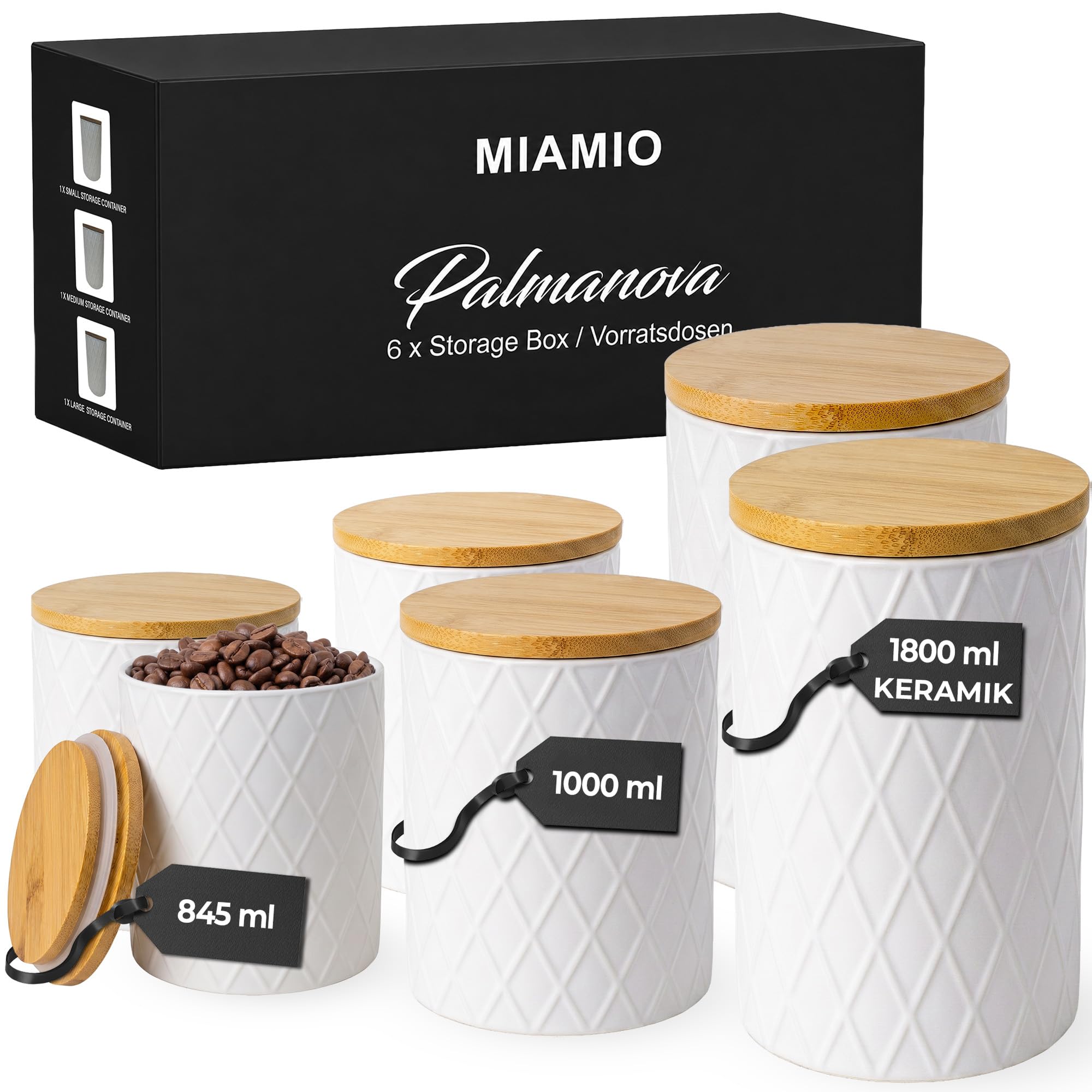 MIAMIO - Vorratsdosen Set 6 / Keramikdosen für Küche - Palmanova (Weiß) | Keramik-Vorratsdosen mit luftdichten Holzdeckeln für Kaffee, Tee, Zucker, Mehl und Salz zur Küchenaufbewahrung zu Hause