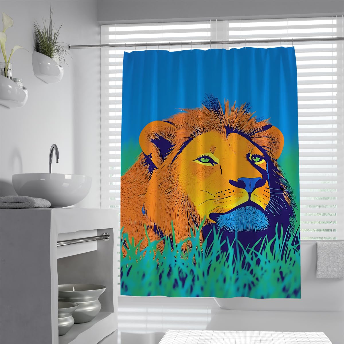 UIRINGART Vibrant Lion Bath Curtains W200xL240cm Quick Dry Mildew Resistant Colorful Wildlife Pop Art Design Fabric Bathroom Screen Rustproof Grommets Tub Liners
