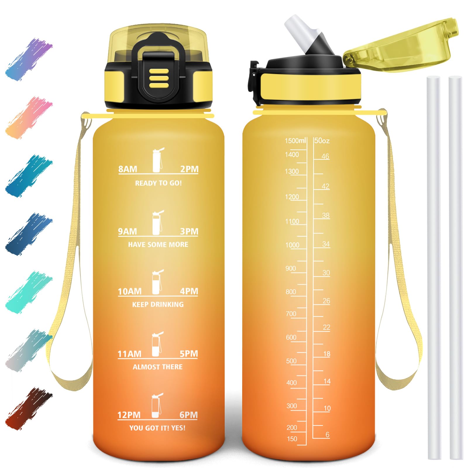 Motswedi Drinking Bottle 1500 ml, Leak-Proof, BPA-Free, Motivational with Time Marking, Drinking Bottle with Straw, Yellow & Orange