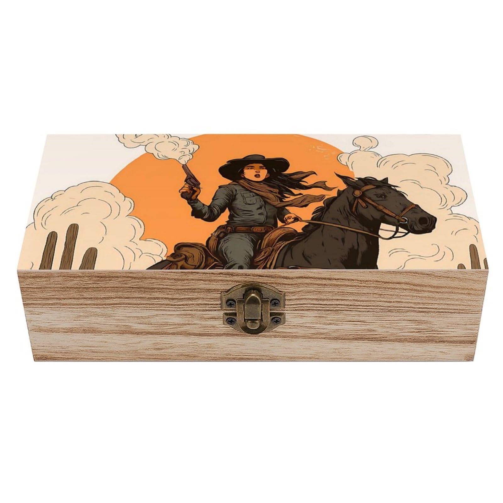Oudrspo Cool Western Cowgirl Holding Retro Wooden Storage Box Keepsake Jewelry Decorative Art Storages Box Gift Boxs