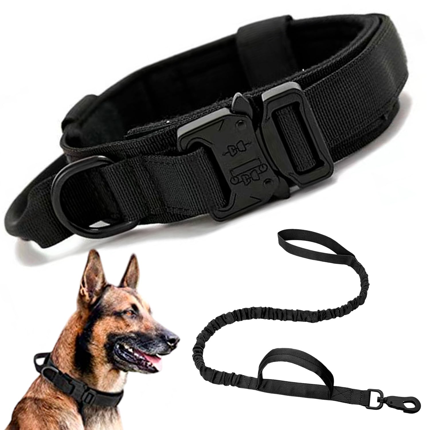 PIXCOOL | Juego de Correa y Collar para Perro con Hebilla de Metal táctica Duradera, Correa Ajustable para Collar para Mascota, Correa para Perro Mediana y Grande (+ Correa L, Negro)