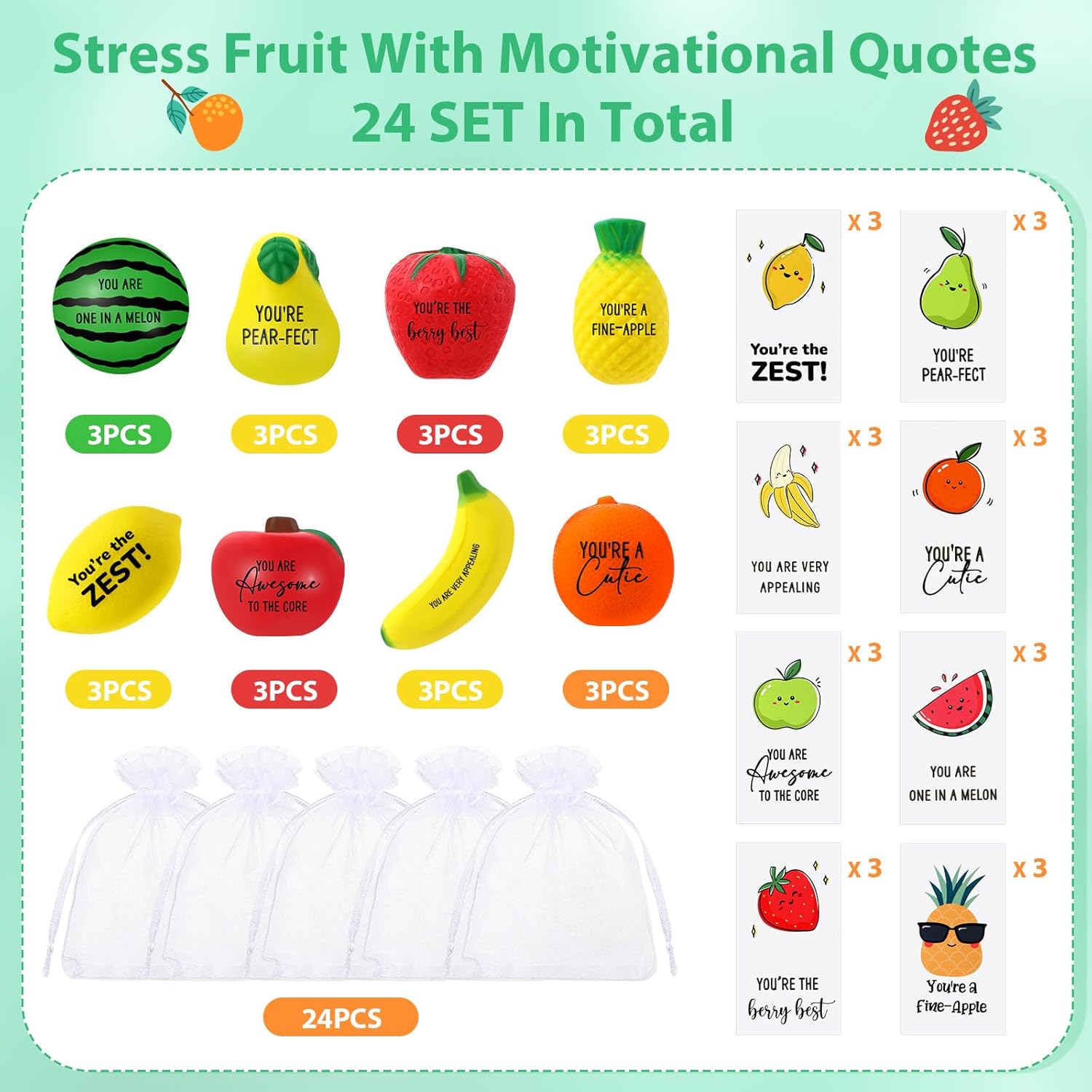 Outus 24 Sets Fruit Stress Balls with Motivational Quotes Cards Fruit Stress Balls Toys with Inspirational Cards, Anxiety Relief Toy Organza Bags for Employee Teacher Gifts (Pack of 2)