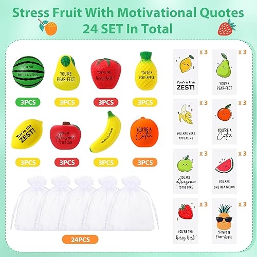 Miniatura 5 de Outus 24 juegos de bolas de frutas para el estrés con citas motivacionales, bolas de frutas para el estrés, juguetes con tarjetas inspiradoras,