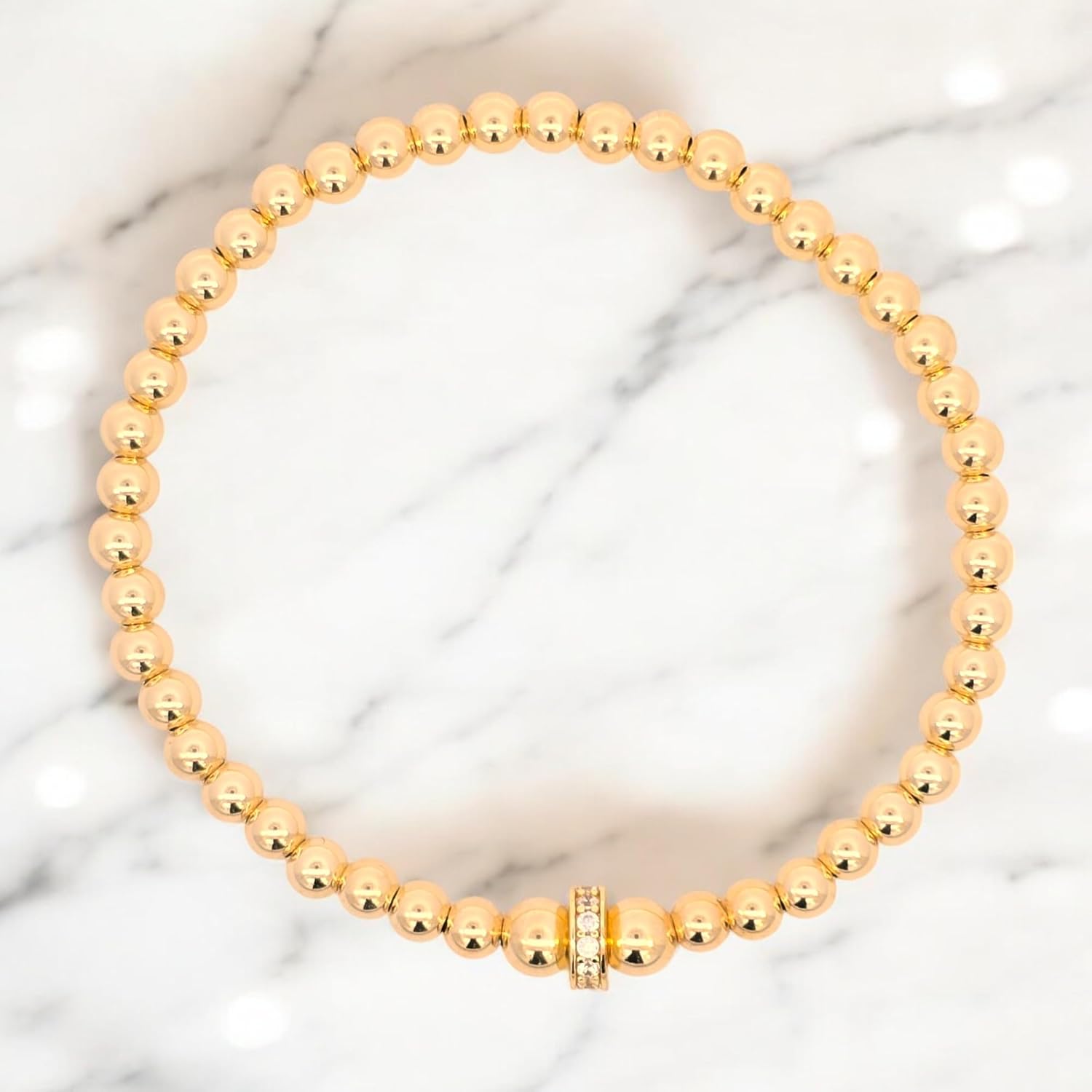 Anela 14kt Gold-Filled 4mm Beaded Bracelet with Cubic Zirconia Roundel Pendant – Stretch Fit, Tarnish-Free, Elegant Gift for Women