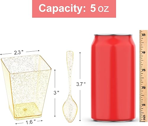 Miniatura 2 de Qeirudu Mini tazas de postre de 5 onzas con cucharas  Paquete de 50 tazas de parfait con purpurina dorada tazas cuadradas de plástico para servir