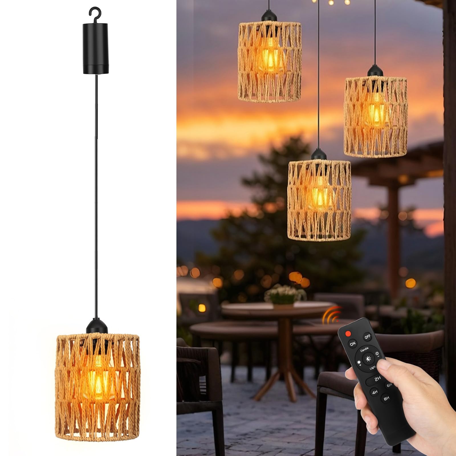 Neulriscn Battery Operated Pendant Lights 3 Pack, Rattan Pendant Lights Outdoor Hanging Chandeliers with Remote Control, Boho Lampshade Woven Rattan Lighting Fixtures for Gazebo Porch Patio Decor