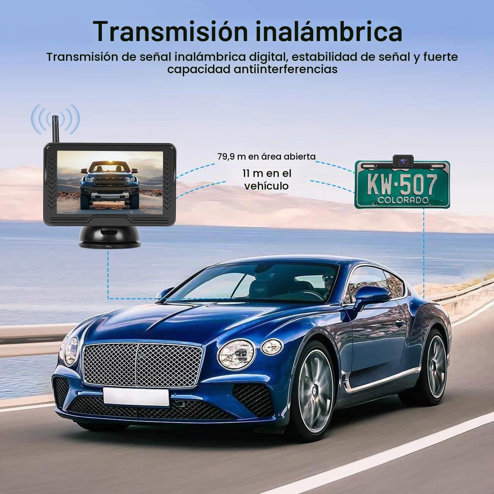 VECHTEL Camara Marcha Atras Inalámbrica con Pantalla HD IPS de 5 Pulgadas, Señal Inalámbrica Estable, Fácil de Instalar, Impermeable IP69, Visión Nocturna, Guía de Línea DIY, Soporte Desmontable