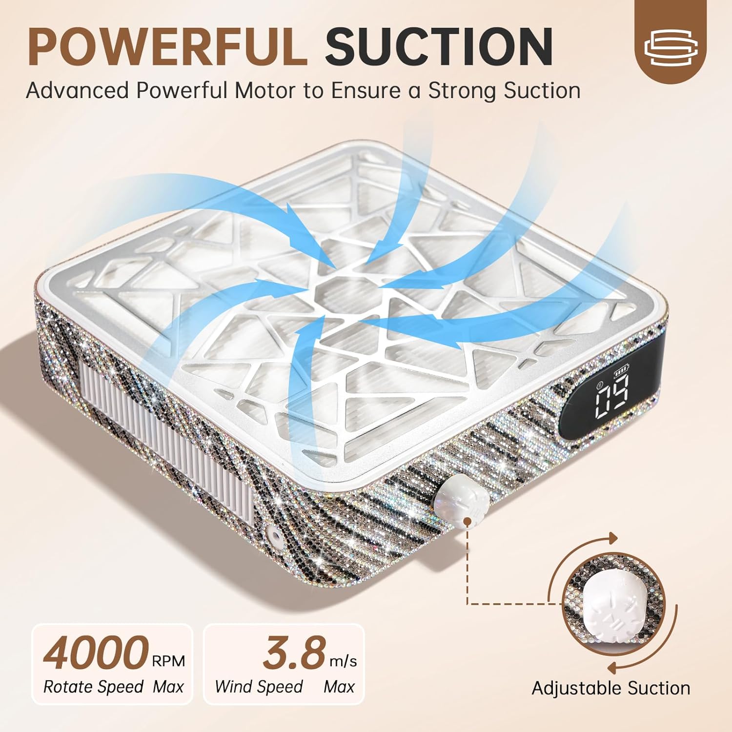 Nail Dust Collector, Powerful Vacuum Fan Vent Dust Collector Extractor Dust Suction Machine for Acrylic Nails Polishing, Nail Salon&Home Zebra Diamond(Plug-in)
