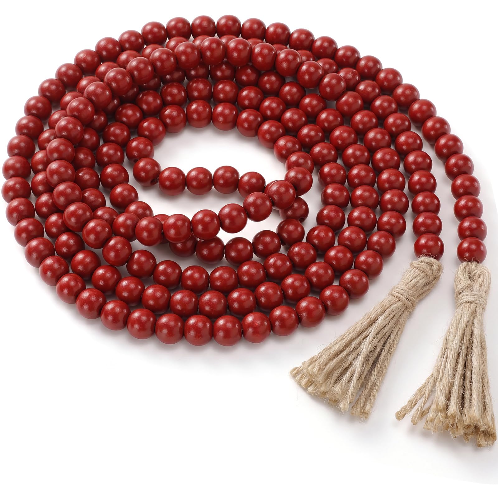 Equsion Rustic Wood Bead Garland with Tassel Farmhouse,Burgundy