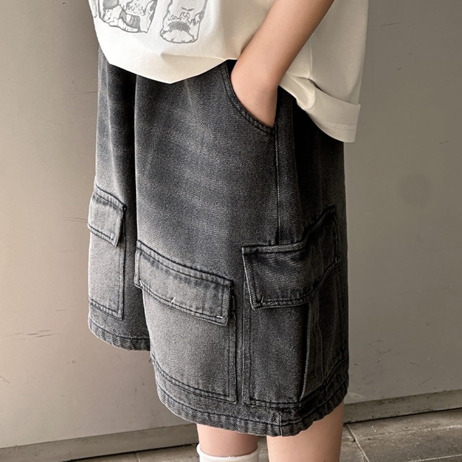 Pantalones cortos de mezclilla para niños, holgados, cintura elástica, pantalones cortos de verano, casuales, rectos, pierna ancha, longitud hasta la rodilla, ropa de calle para adolescentes