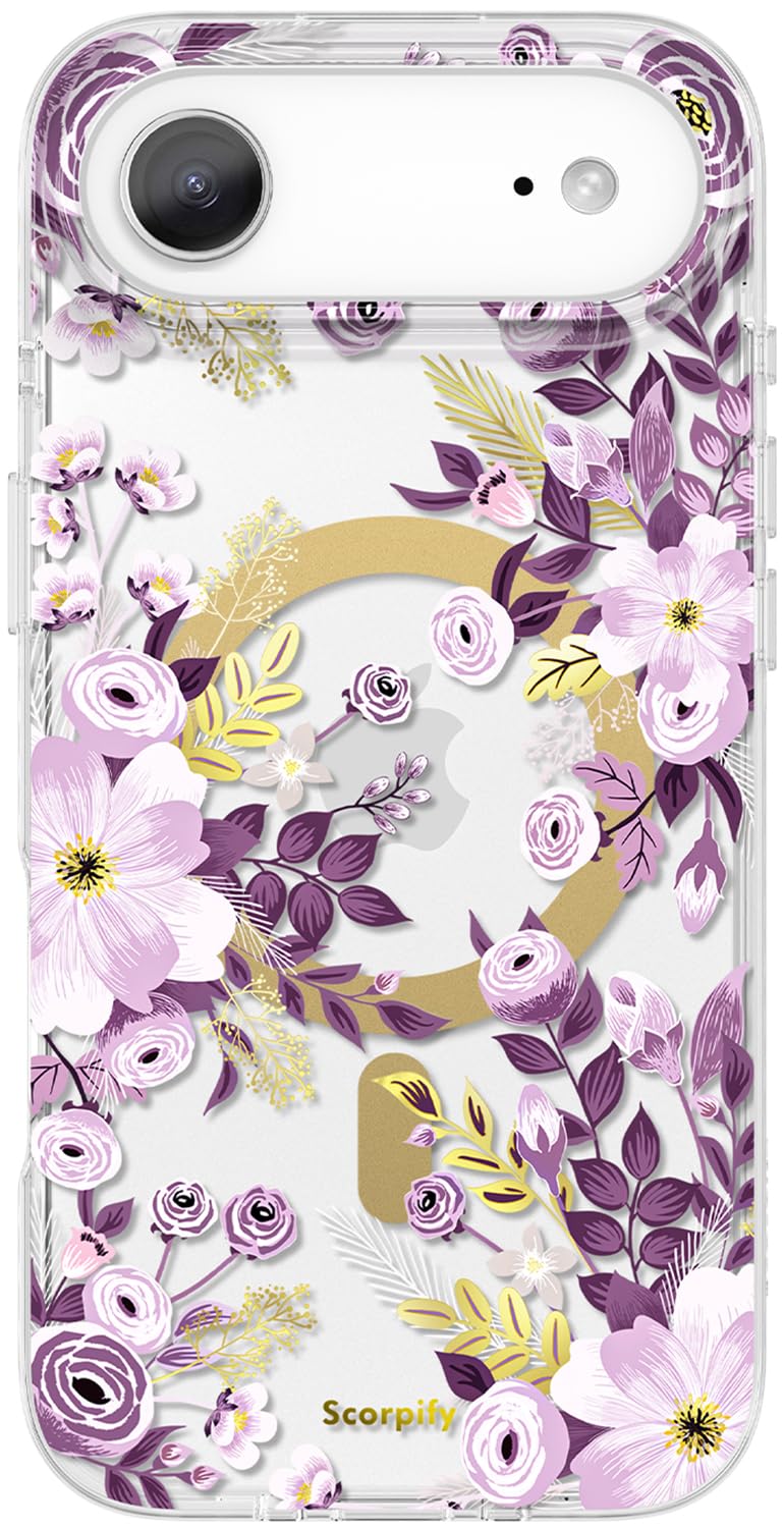 SCORPIFY for iPhone 17 Air Case [Compatible with MagSafe] with Purple Nemophila Floral Design, Cute Clear Flower Magnetic Phone Cover for Women Girls, Slim Bumper with Gold Accents