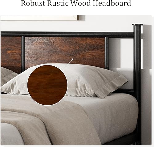 Miniatura 4 de Base de cama de tamaño matrimonial con cabecera de madera rústica, marco de plataforma de metal resistente, soporte de listones de acero resistente,