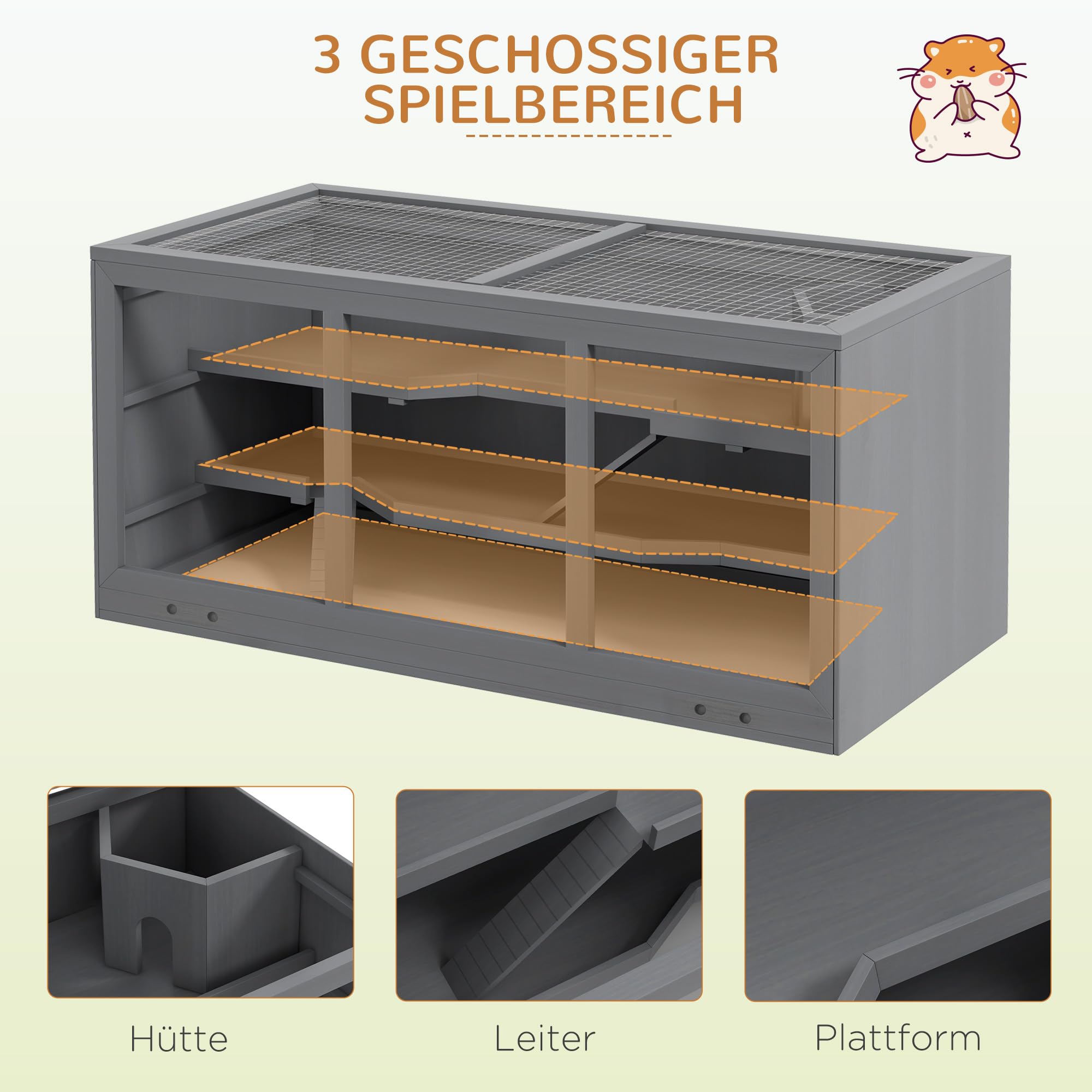 PawHut Hamsterkäfig aus Holz 3 Etagen Nagerkäfig mit reinigbar Ablage Kleintierkäfig mit klappbarem Deckel Treppen Holzkäfig Käfig für Hamster Zwerghamster 115 x 57 x 55 cm Grau