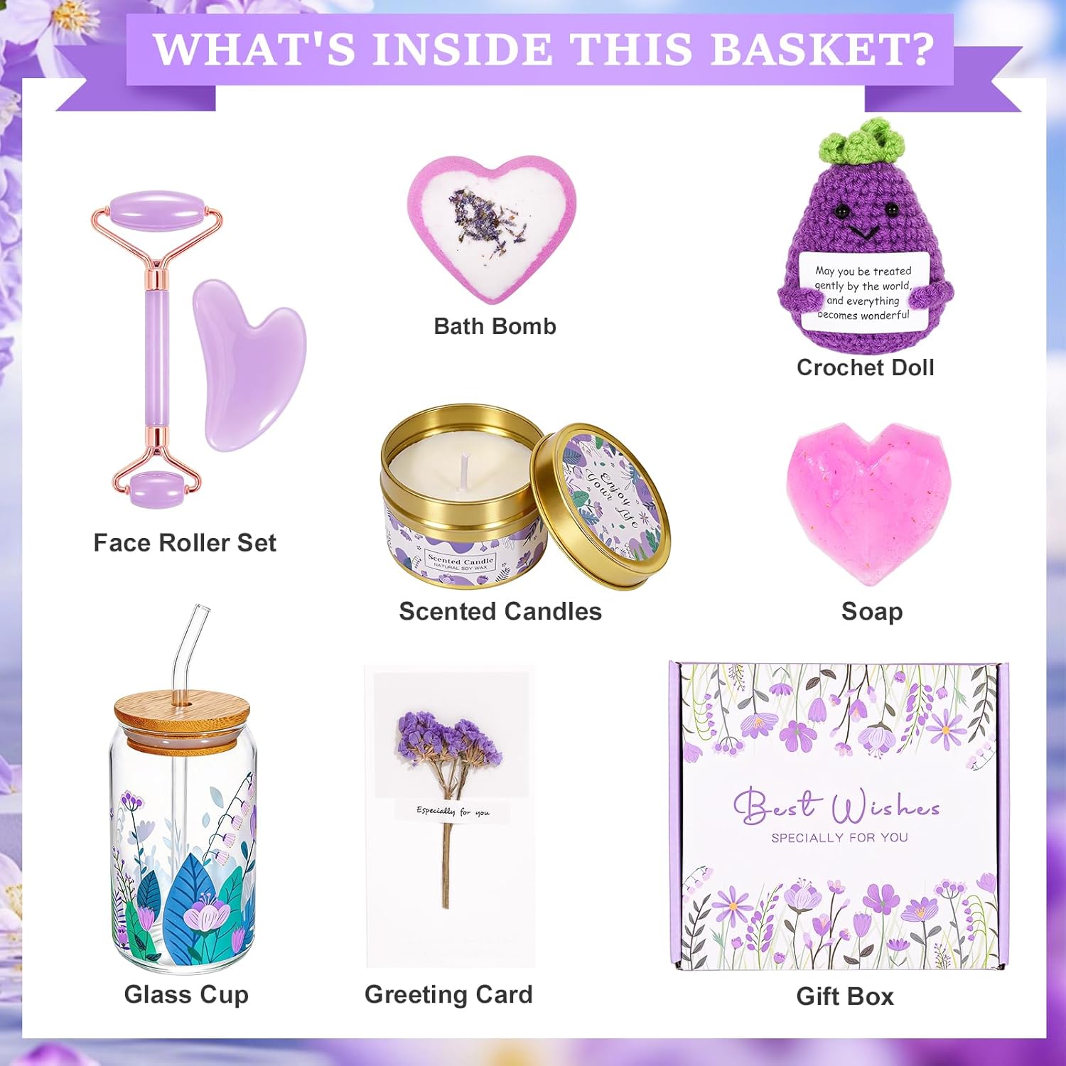 Gifts Basket for Women & Teen Girls Purple Relaxing Bath Gifts Basket Set Birthday Gifts Ideas for Women Relaxing Spa Gifts Self Care Gifts Box for Female Friends Gift - Image 3