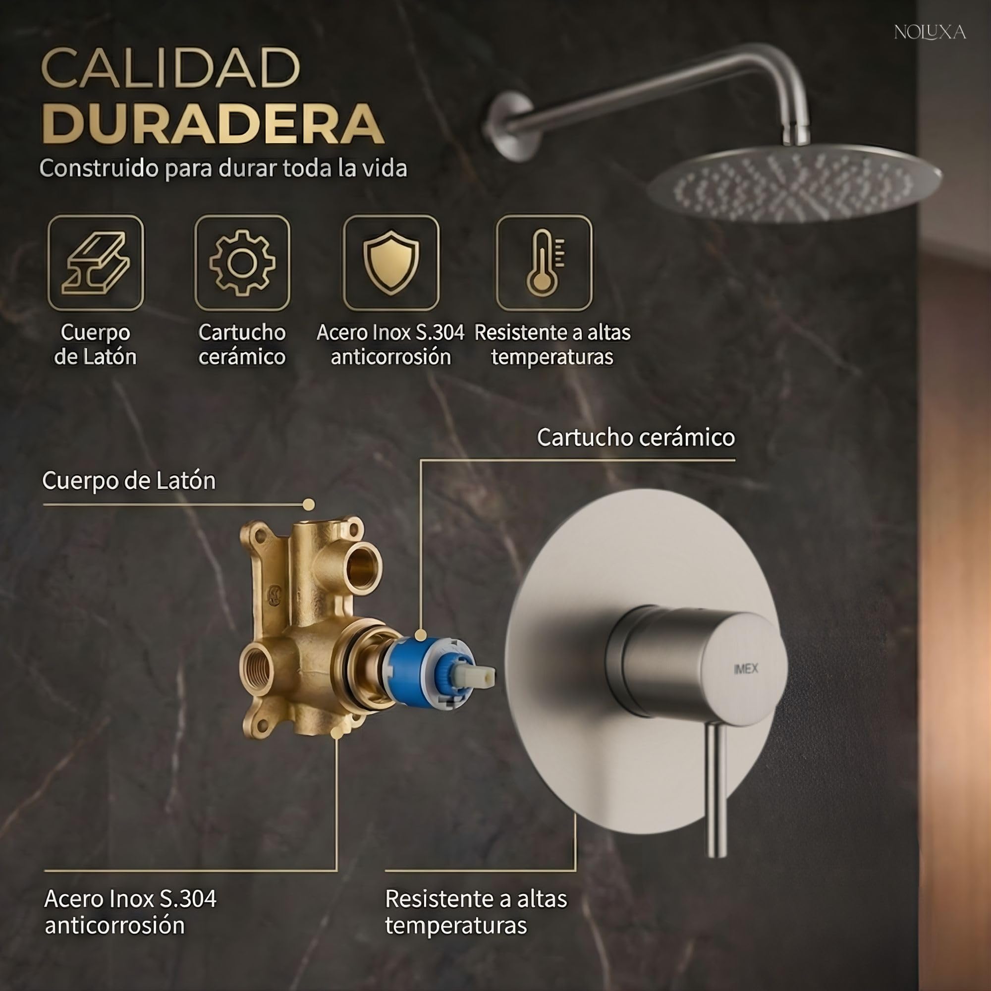 IMEX - Ducha Empotrada Níquel Monomando | Conjunto de Grifería Empotrado con Rociador Antical Efecto Lluvia | Columna Ducha Empotrada con Grifo en Latón y Acero Inox S.304 (SIN ALCACHOFA)