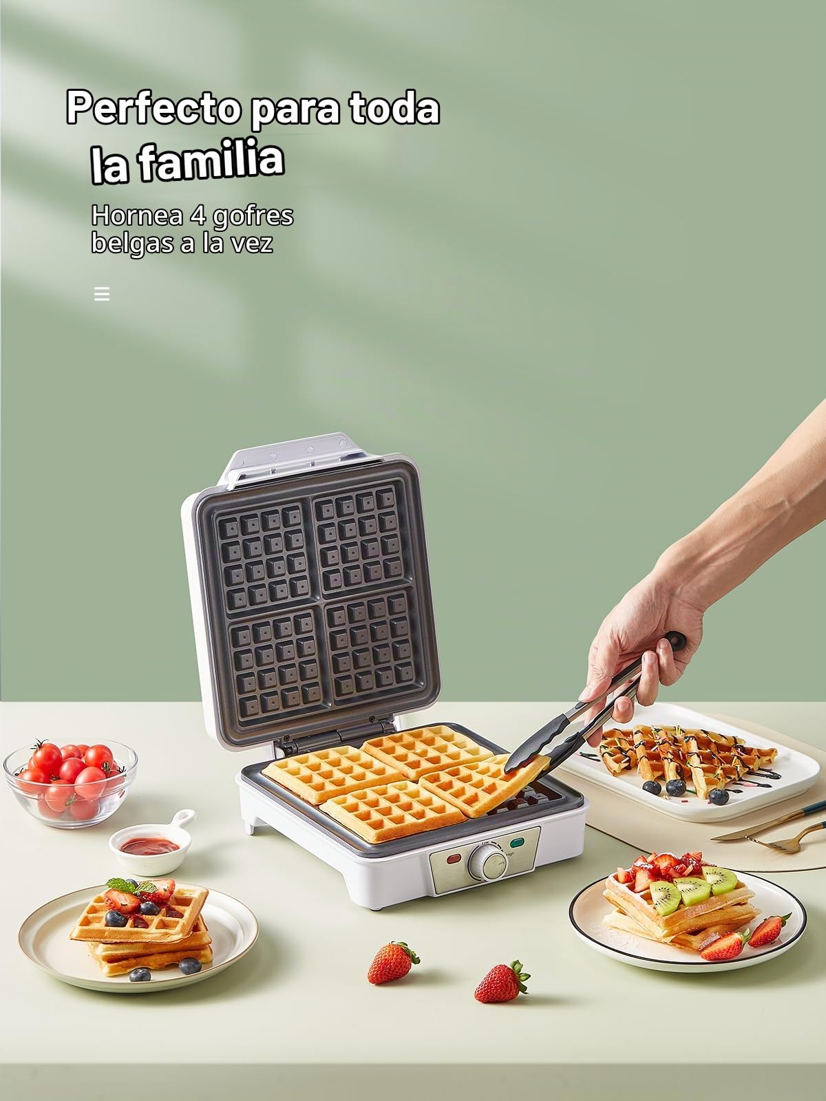 Gofrera Belga 4 Porciones – Gofrera Eléctrica 1200W con 5 Niveles de Dorado, Placas Antiadherentes, Sistema Antiderrames y Luces Indicadoras