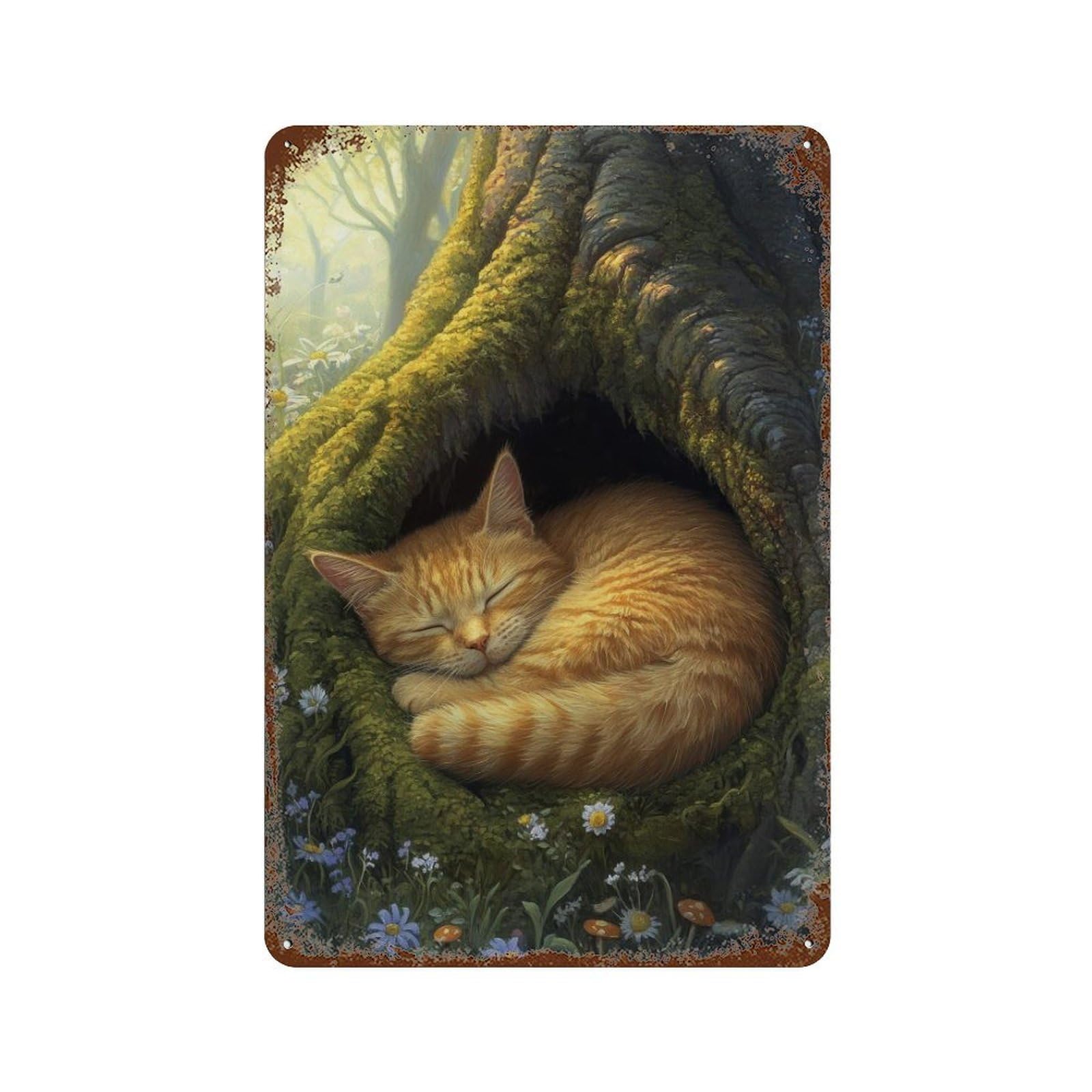xiaoxiaoshen Sleeping Ginger Cat in Mossy Tree Hollow Cottagecore Woodland Animal Wall Decor Art Metal Tin Poster Modern Home Decor Art Home Bar Shop Decorations Vintage Sign 30x20cm