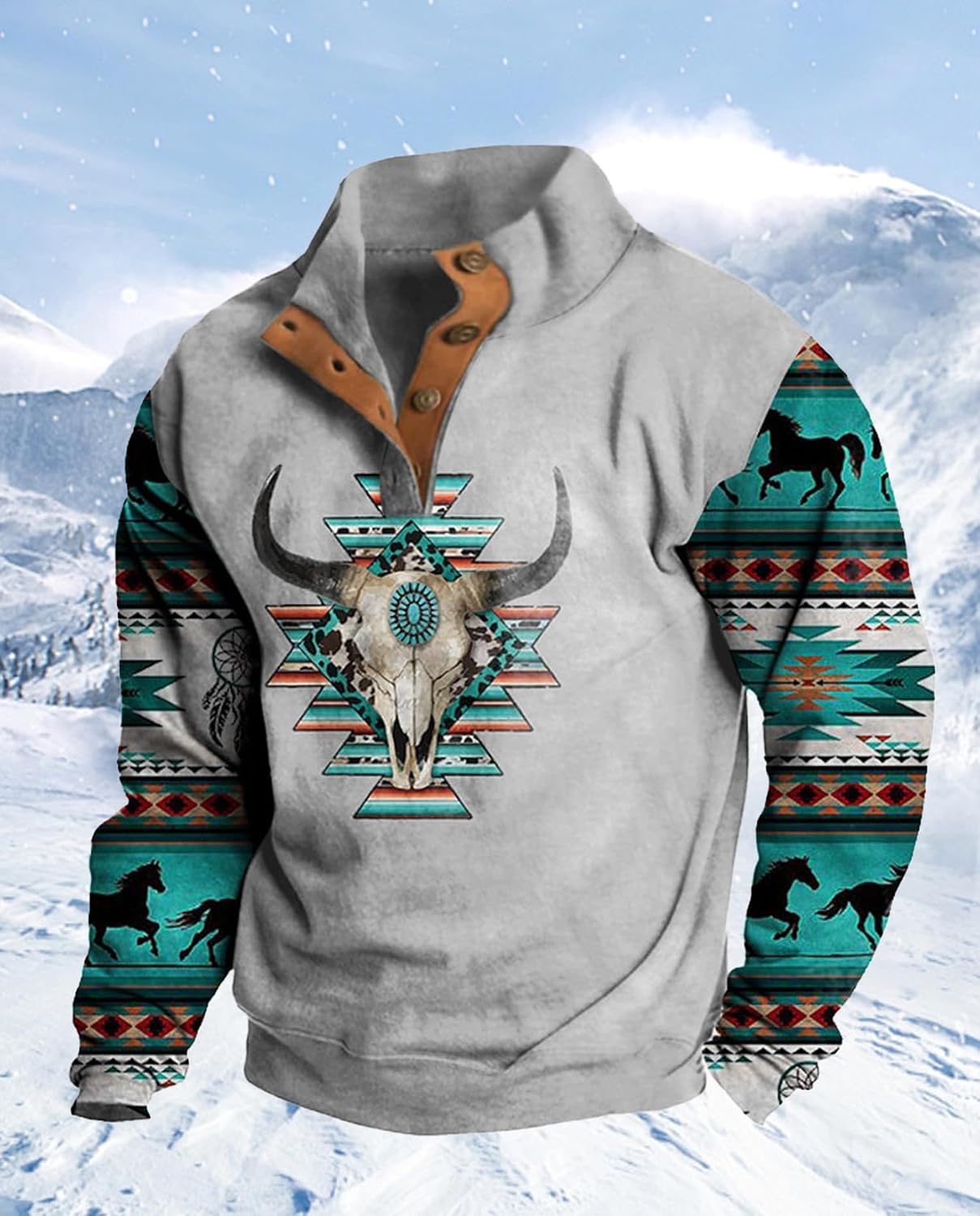Western Sweatshirts for Men Aztec Ethnic Print Quarter Zip Pullover Fleece Hoodies Casual Stand Collar Sweatshirt - Image 4