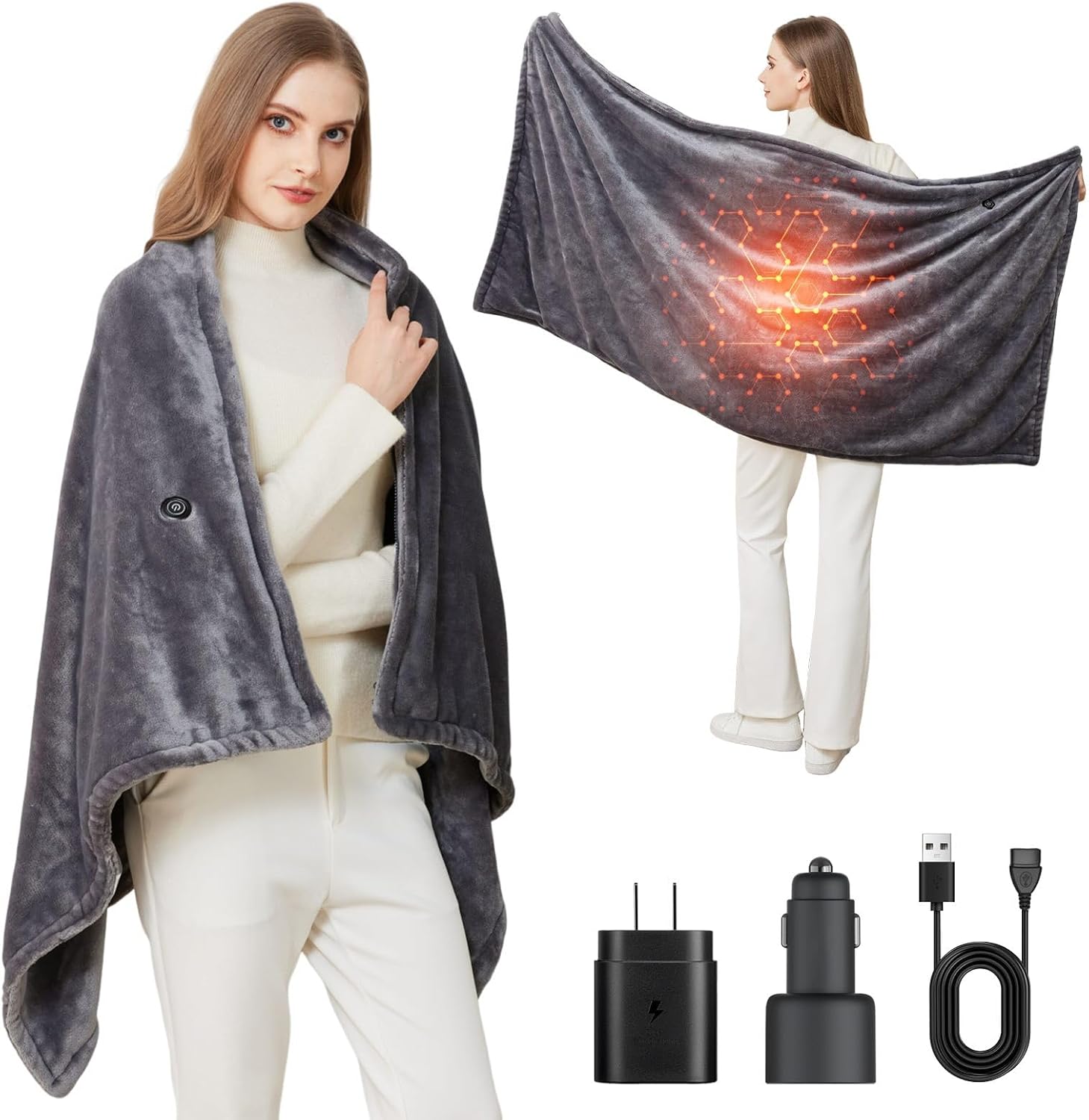 portable heated blanket | with ac adapter and car charger electric throw, 3 heat settings & zippered design,for outdoor office home car travel (battery not included)