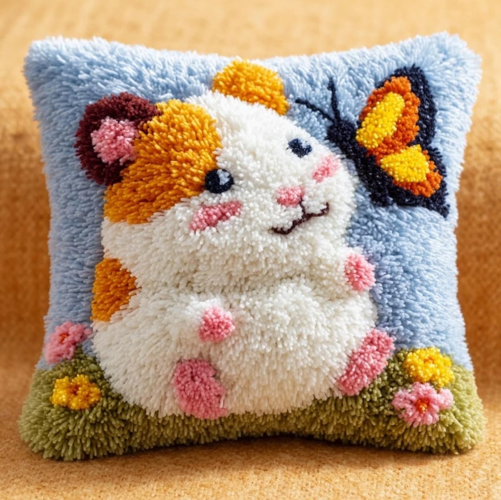 AxiangziK Latch Hook Needlecraft Pillow Kit 43x43cm,Hamsters and Butterflies Pre-Printed Pattern Cushion Making Set,Great for Relaxation & Home Styling,17x17in